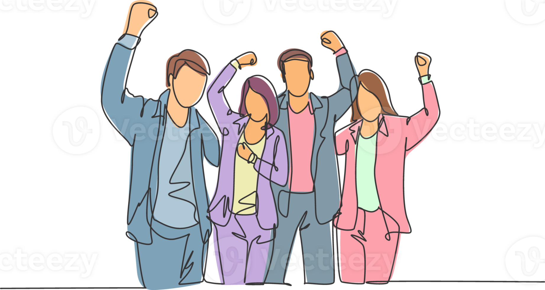 Single continuous line drawing of young happy company founder prancing with joy at the investor office together. Business teamwork celebration concept one line draw design graphic illustration png
