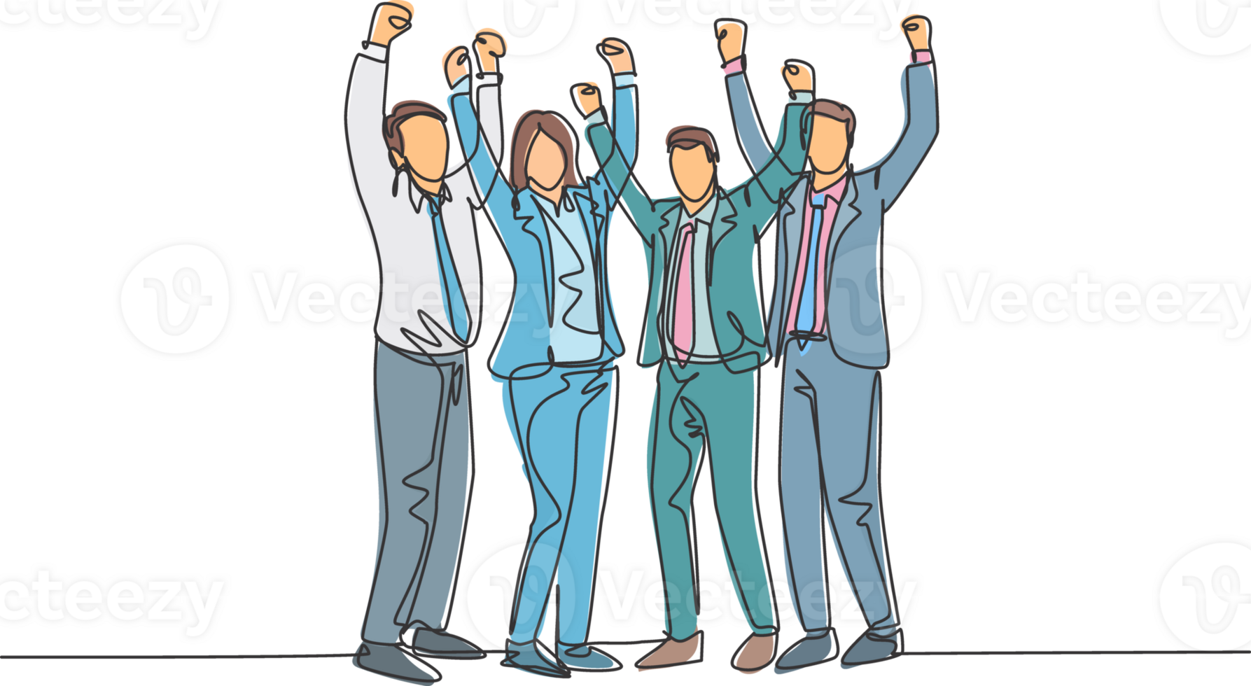 One single line drawing of young happy male and female worker raise their hands on the office room together. Business teamwork celebration concept continuous line draw design illustration png
