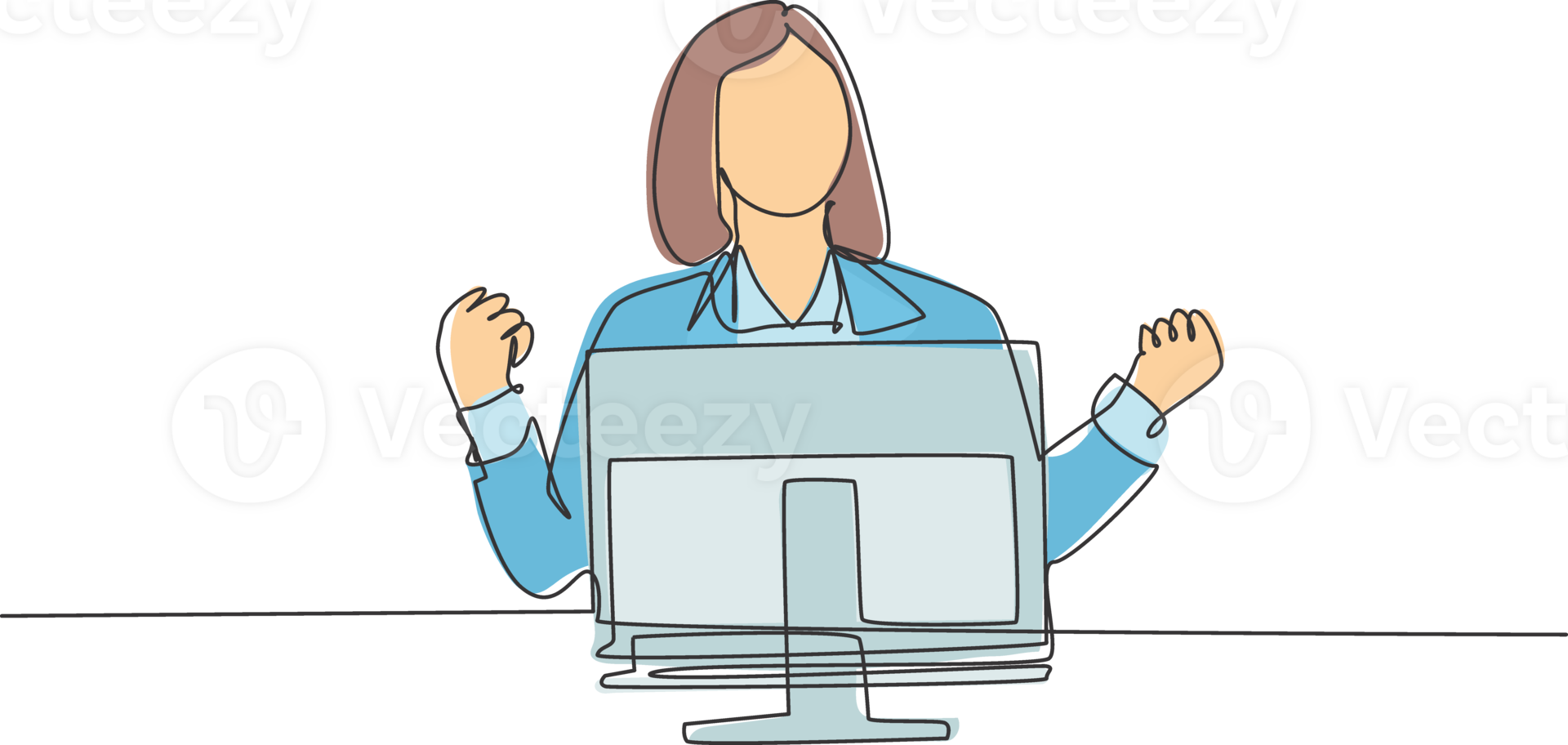 Single continuous line drawing of young happy female worker celebrating her promotion on work desk in front of computer monitor. Business celebration concept one line draw design illustration png