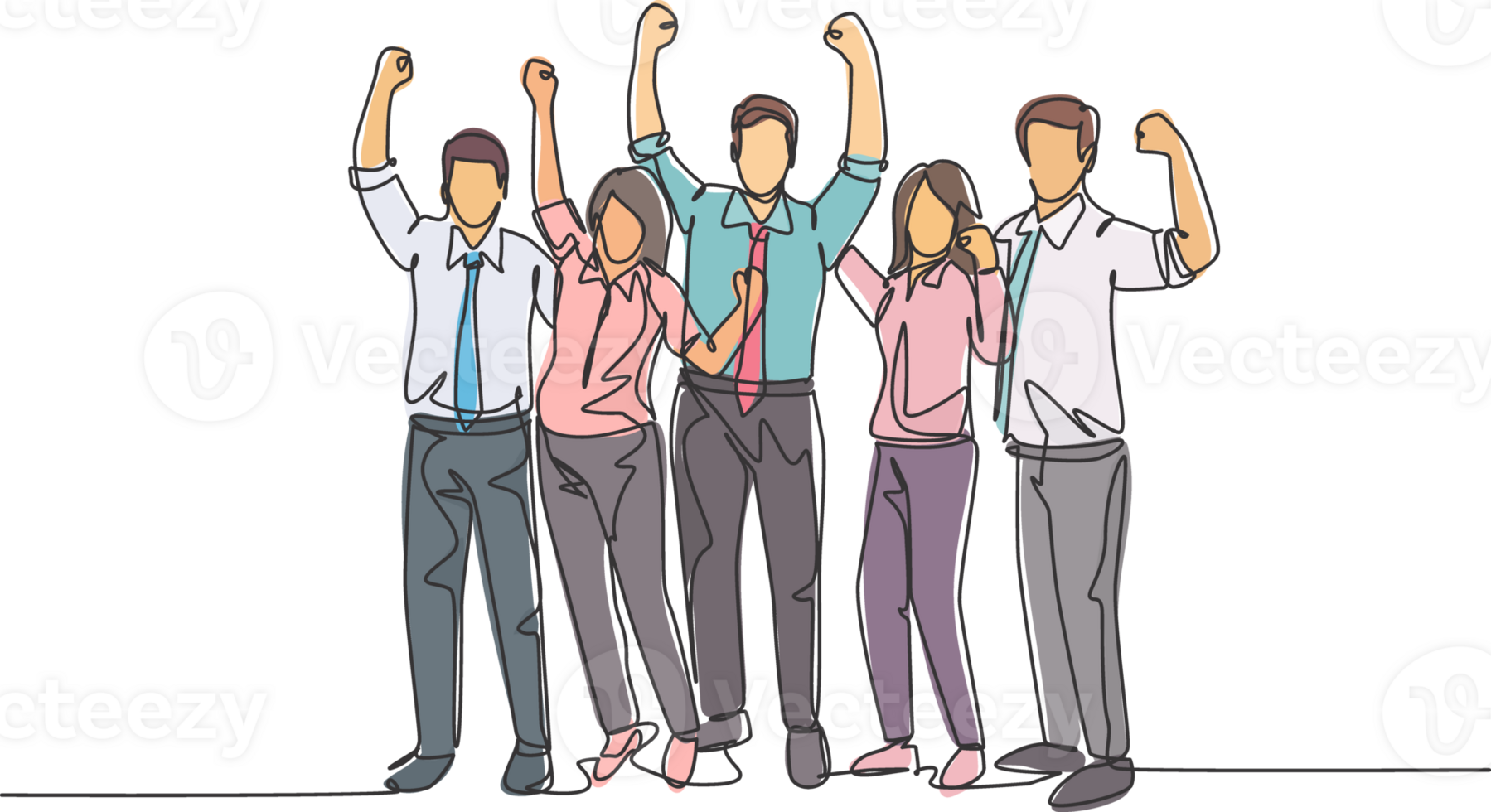 One single line drawing group of young happy male and female workers jumping in the office room together. Business teamwork celebration concept continuous line draw design illustration graphic png