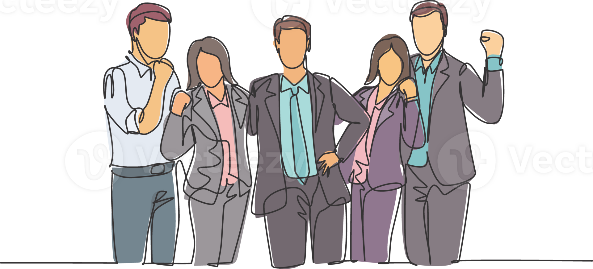 Single continuous line drawing of young happy male and female executive managers line up neatly on office room together. Business teamwork celebration concept one line draw design illustration png
