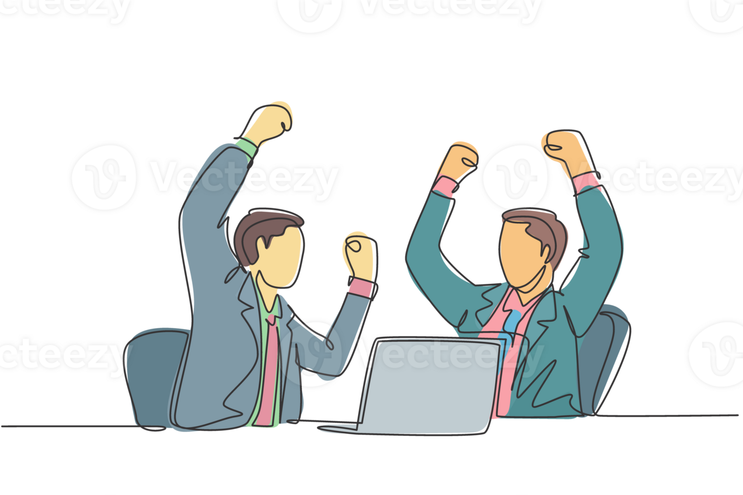One continuous line drawing of two young businessman raise their hands up to the sky after watching sales increasing on laptop. Business celebration concept single line draw design illustration png