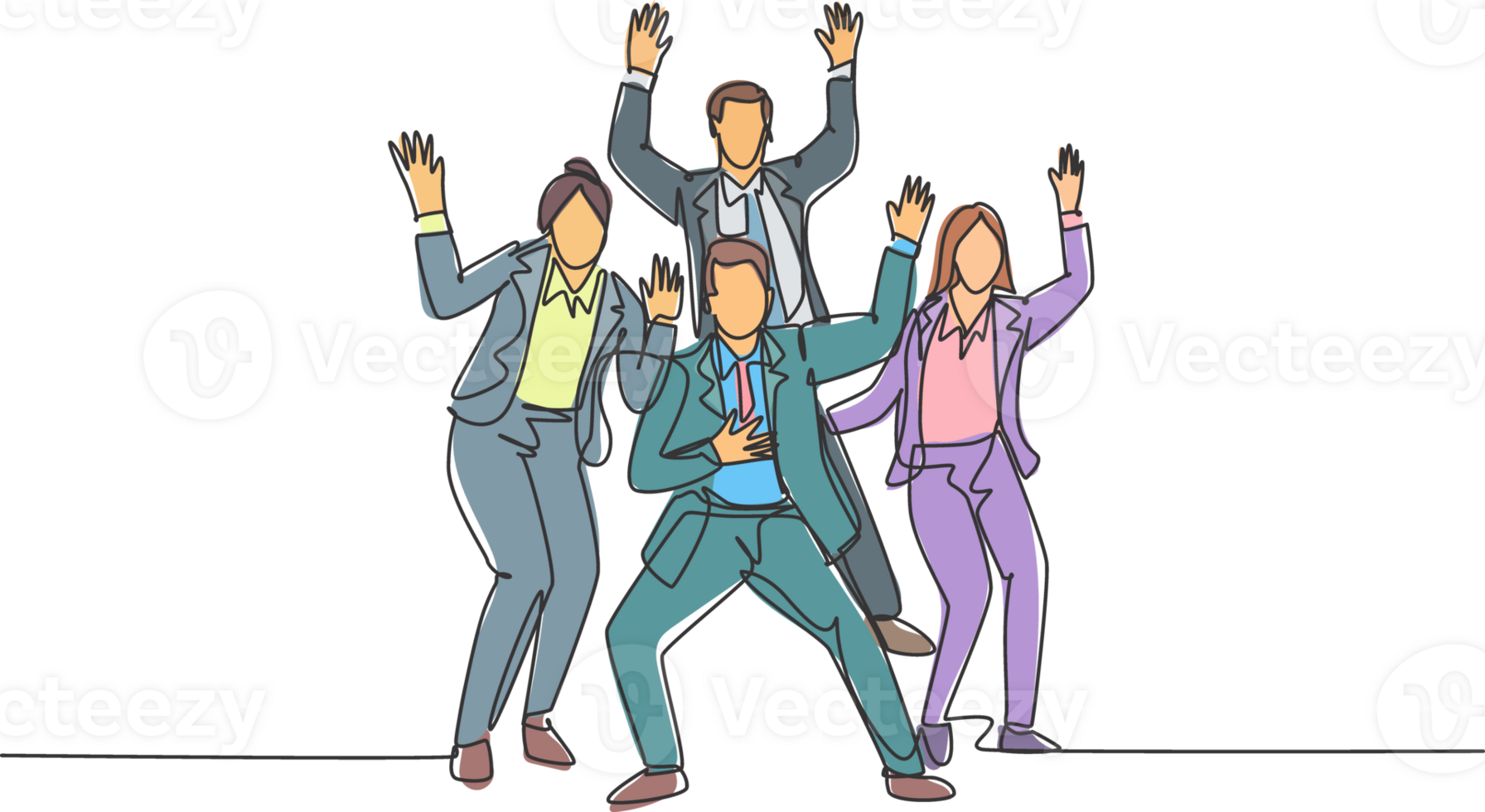 Single continuous line drawing of young happy male and female trainer prancing with joy at the seminar room together. Business teamwork celebration concept one line draw design illustration png