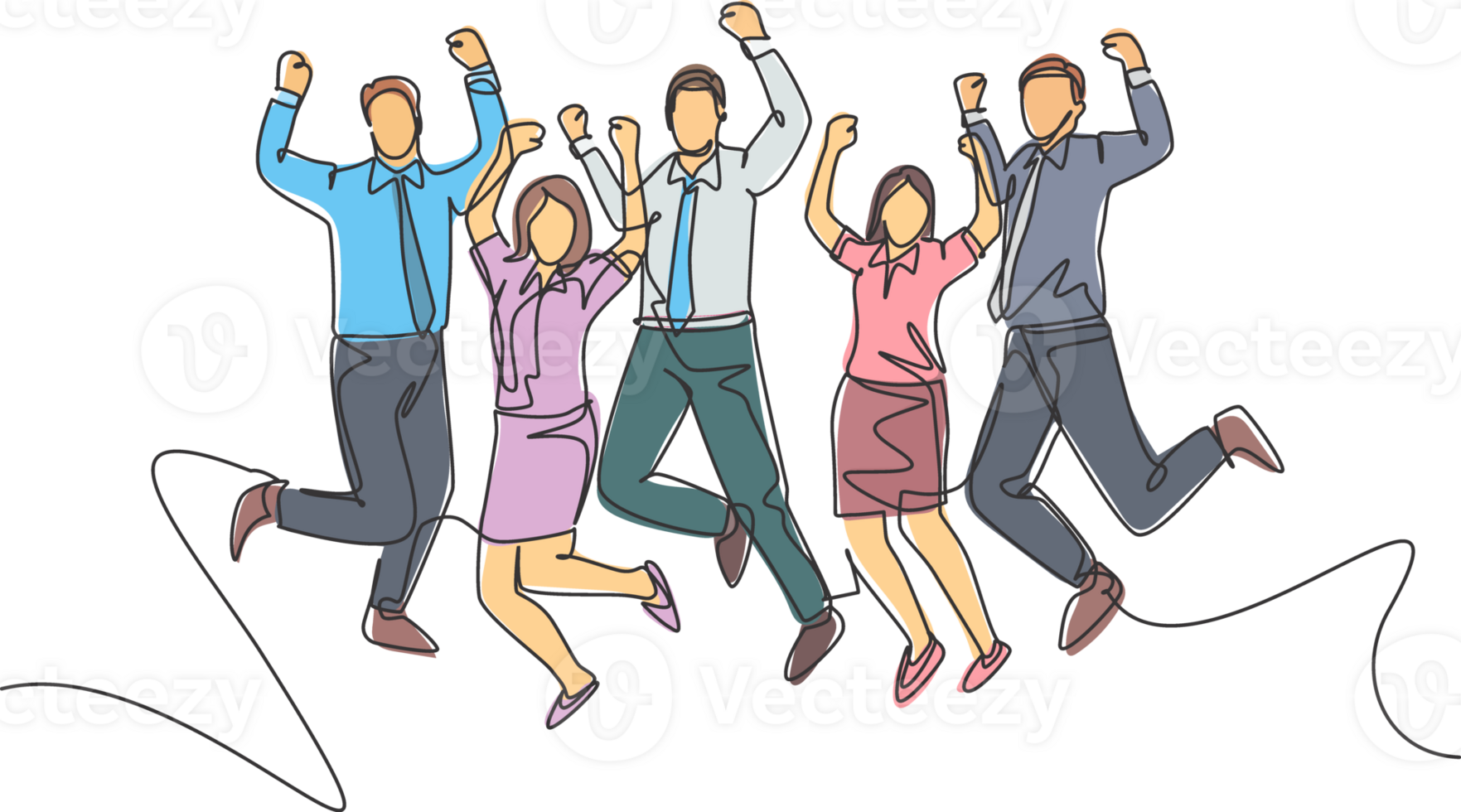 Single continuous line drawing of young happy male and female workers jumping after annual work meeting finish together. Business teamwork celebration concept one line draw design illustration png