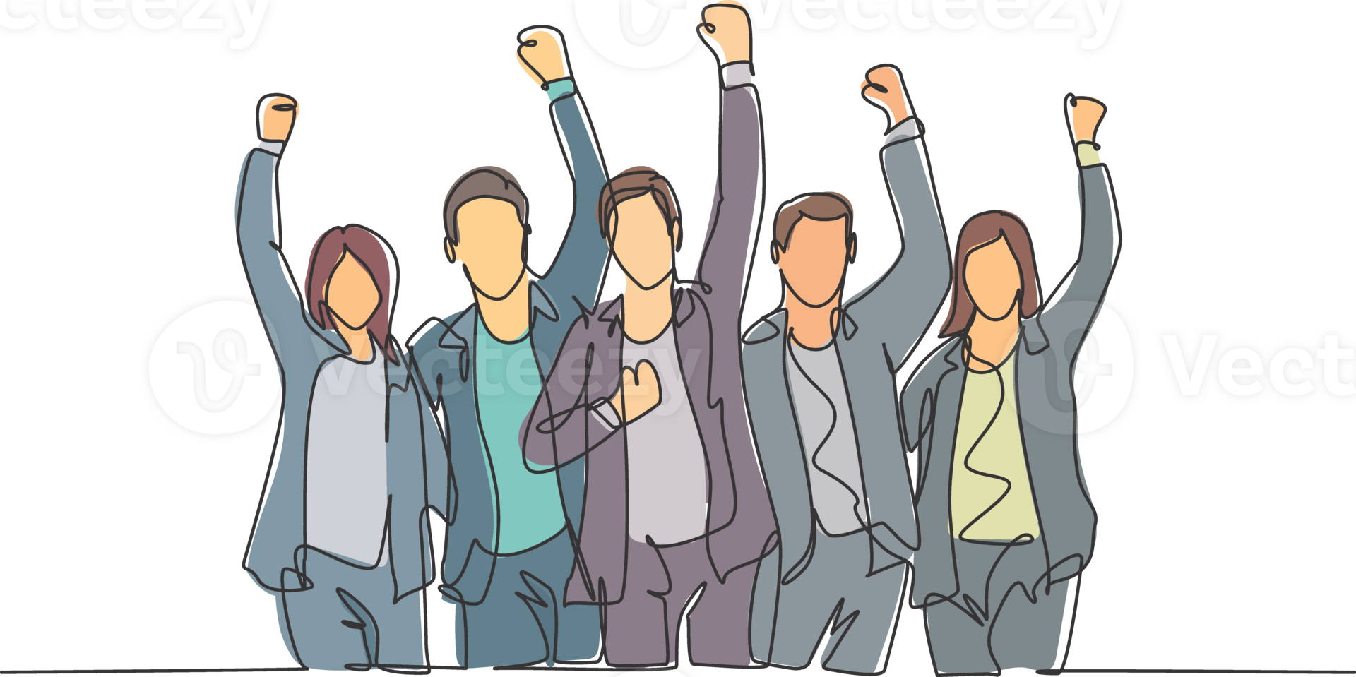 One continuous line drawing of young happy male and female worker raise their hands up to the sky together. Business teamwork celebration concept single line graphic draw design illustration png