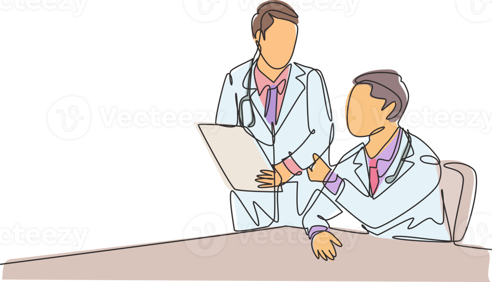 One continuous line drawing of two young doctor discuss and diagnosing patient illness from their x-ray photo result. Hospital health care service concept single line draw design illustration png
