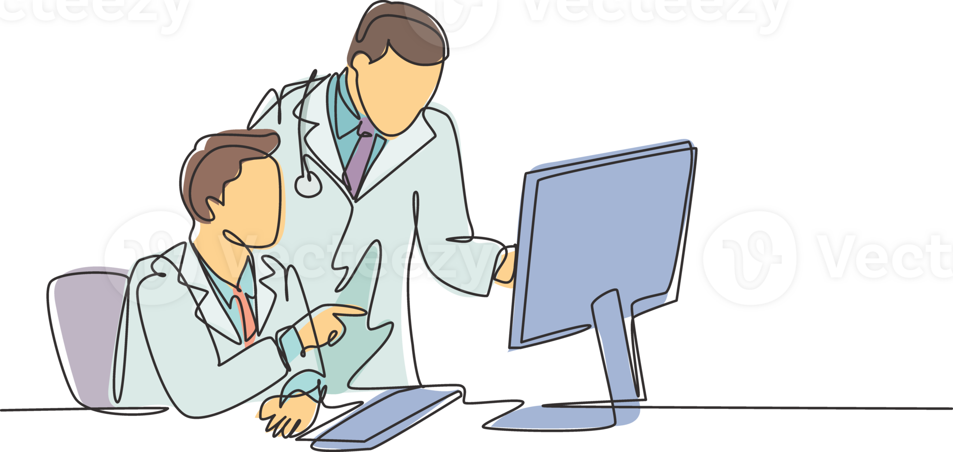 One continuous line drawing of two young male doctors discussing while watching patient medical record at computer screen. Hospital health care concept single line draw design illustration png