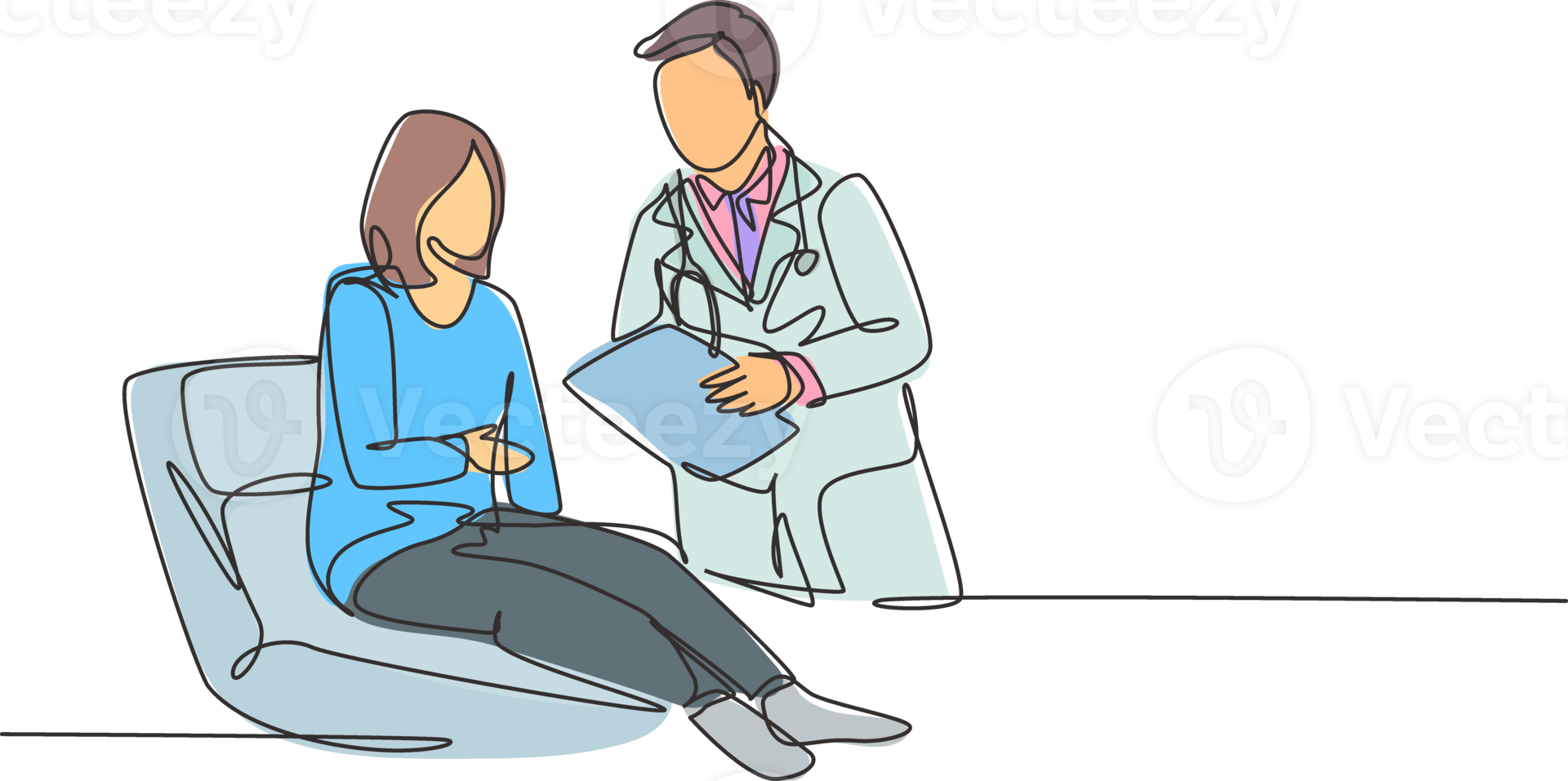 One continuous line drawing of male doctor talking about medical report to the laying female patient in the bed. Trendy hospital health care service concept single line draw design illustration png