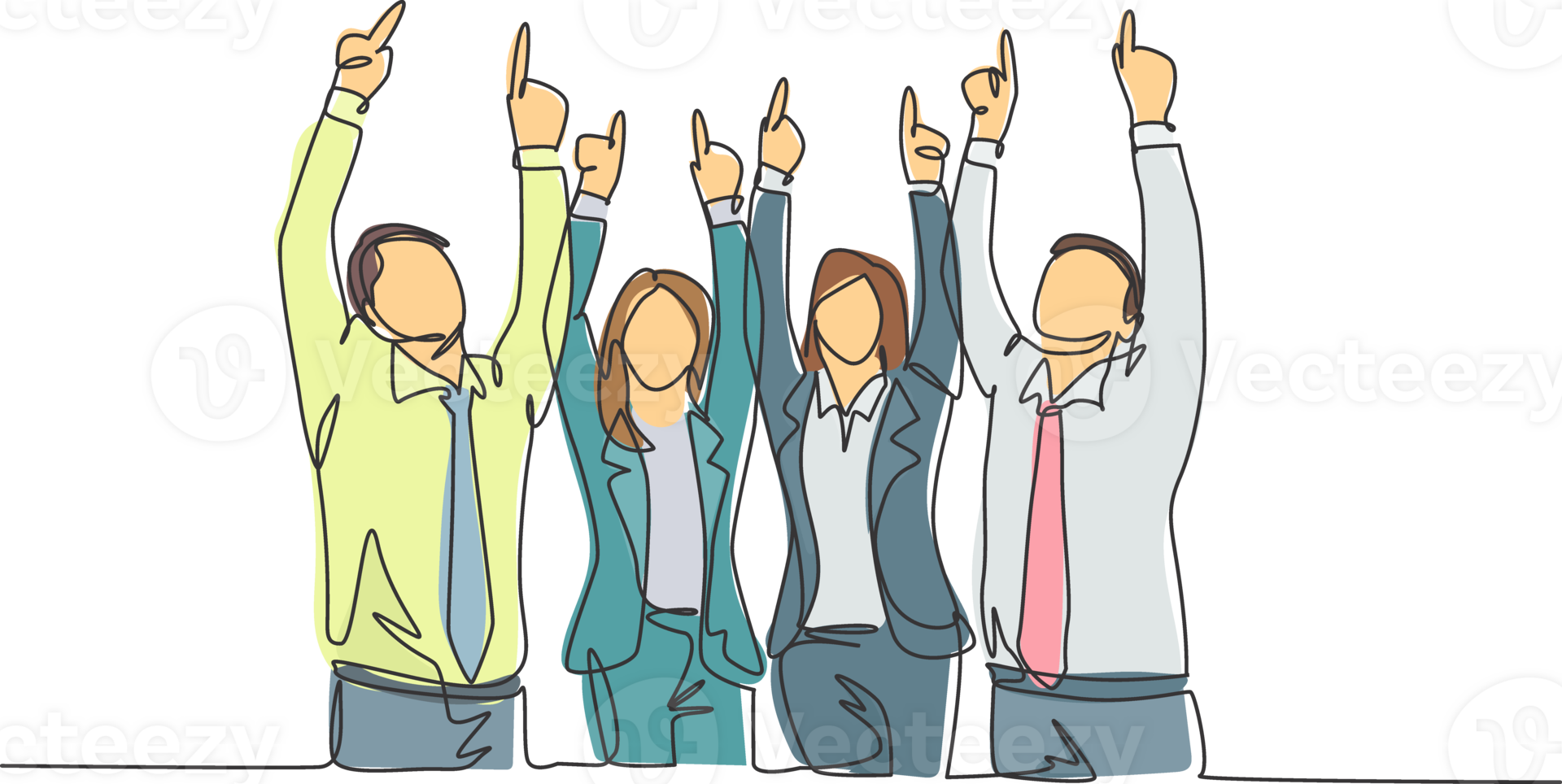 One single line drawing group of young happy male and female workers pointing and raise finger to the sky. Business teamwork celebration concept continuous line draw design graphic illustration png