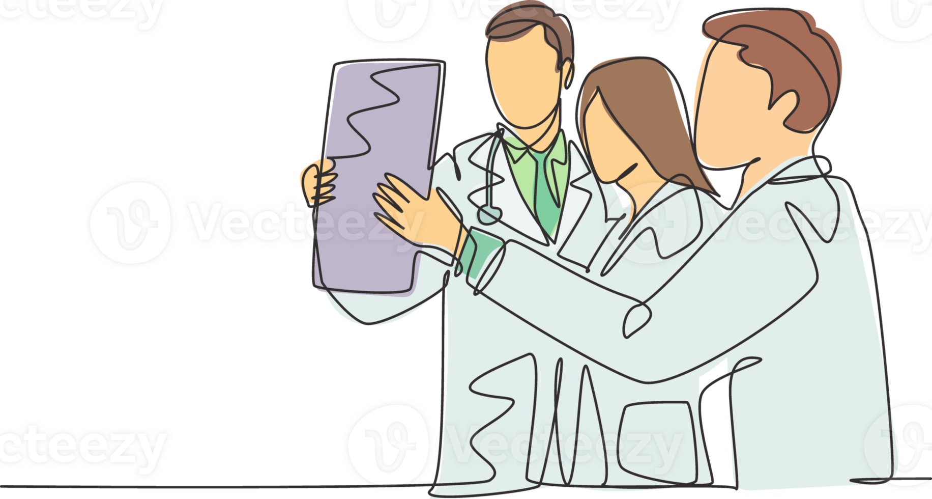 One single line drawing group of team doctor discussing and diagnosing patient x-ray photo result at hospital. Medical health care service concept continuous line draw design illustration png