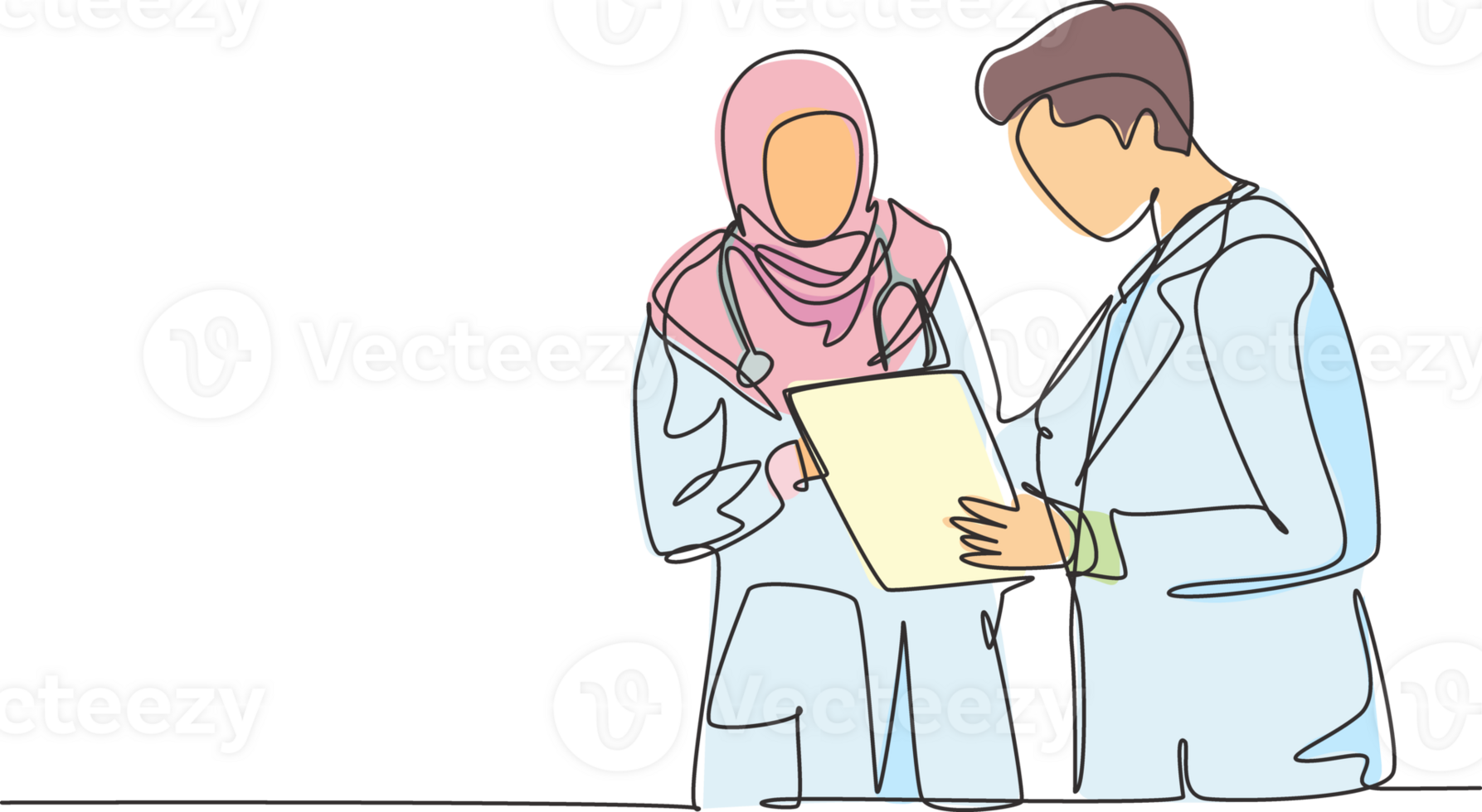 One single line drawing of young male doctor discussing with female Arabic doctor while standing at the hospital hallway. Medical health care concept continuous line draw design illustration png