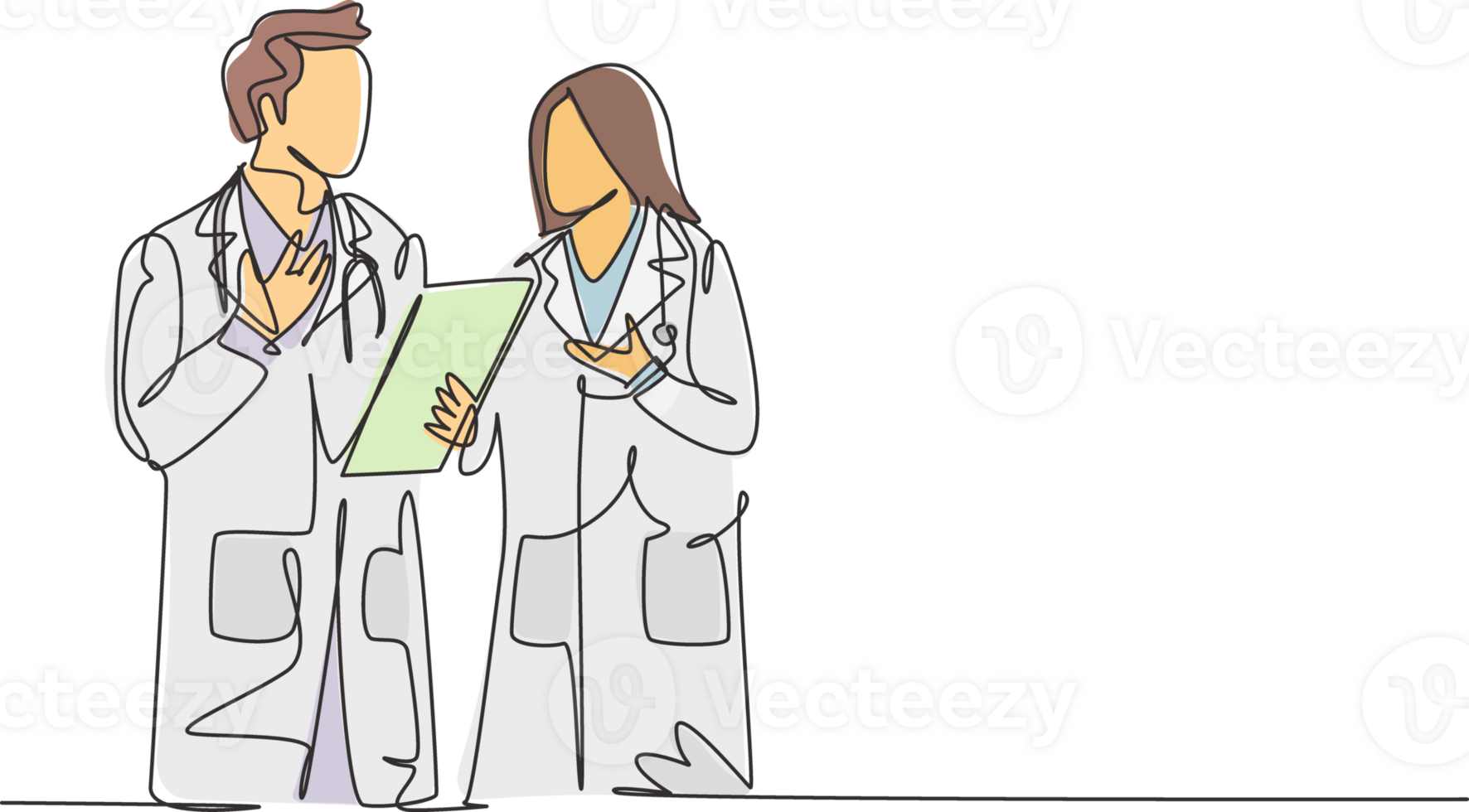 Single continuous line drawing of young male and female doctors talking and discussing patient medical record. Medical health workers service concept one line draw design graphic illustration png