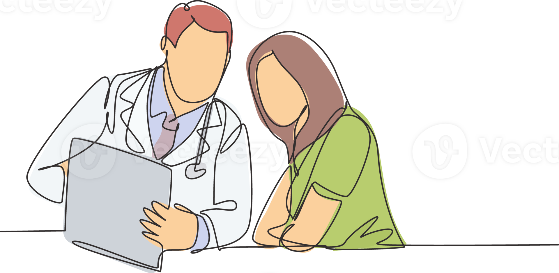 One continuous line drawing of young male doctor giving consultation session to female patient while reading medical record. Hospital health care concept single line draw design illustration png