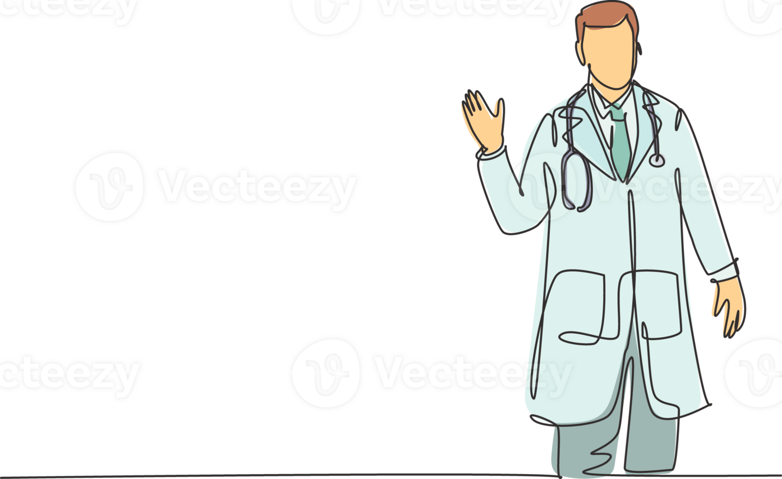 Single continuous line drawing of young happy male doctor giving warm welcome greeting gesture to the patients. Medical health care service workers concept one line draw design illustration png
