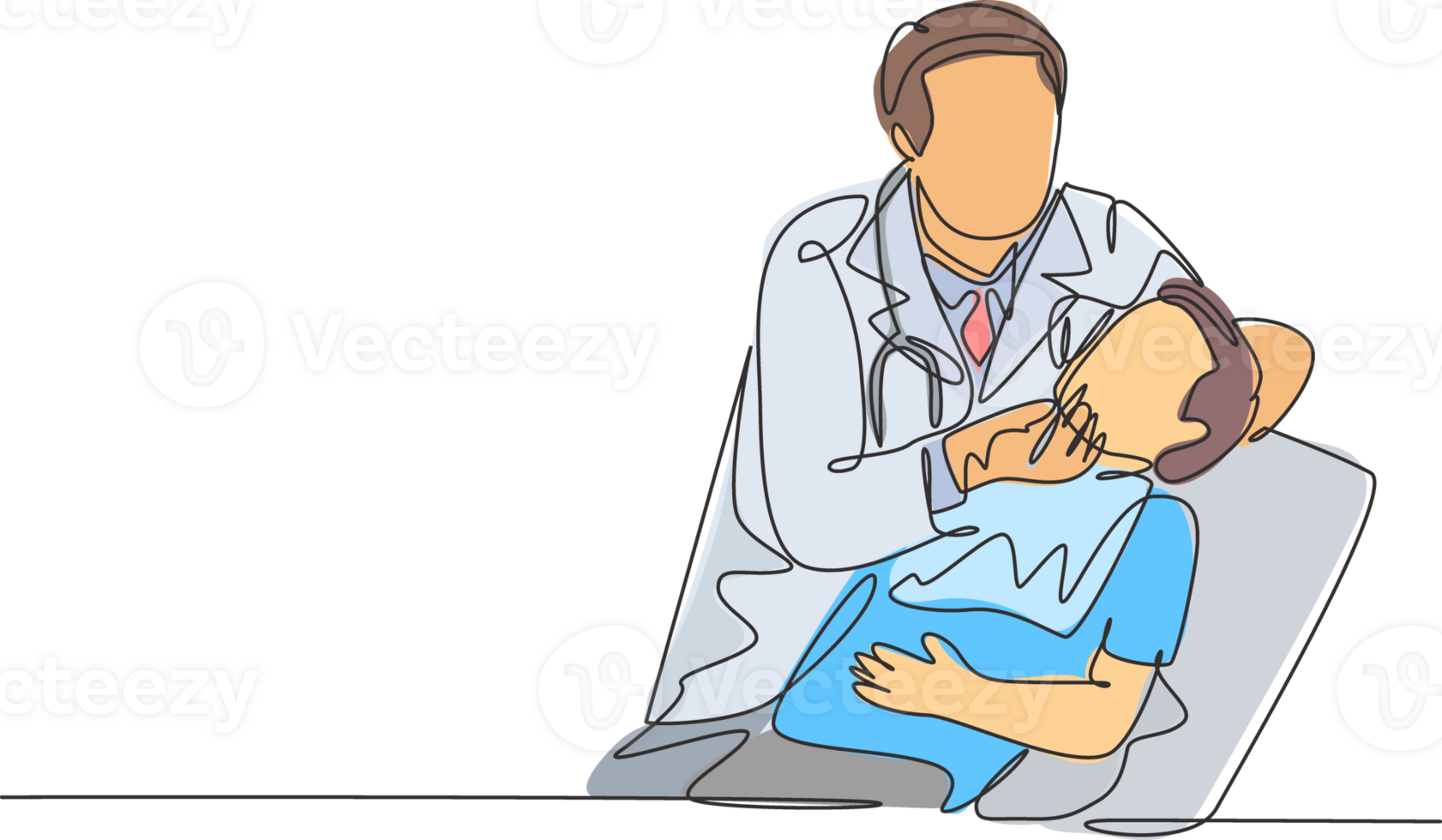 One single line drawing of young male dentist examine and pull a young boy tooth out at dental clinic. Teeth treatment health care service concept continuous line draw design illustration png