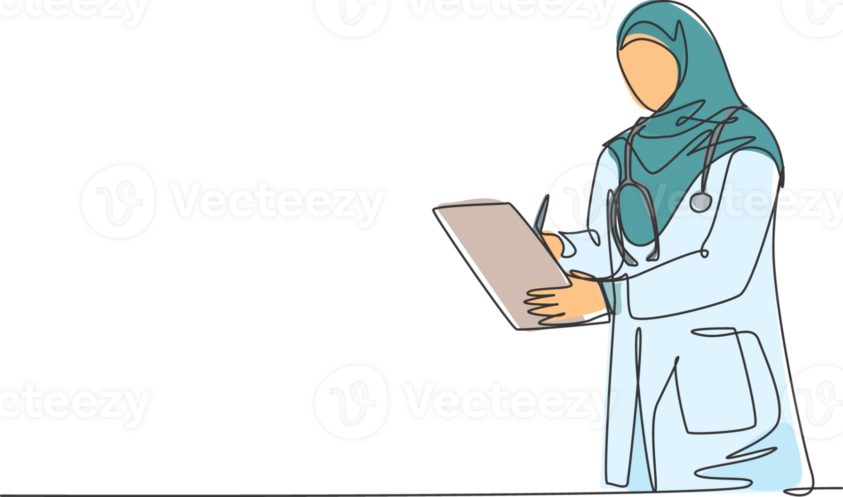 One single line drawing of young Arabian muslimah doctor wearing hijab writing medical report on clipboard at hospital. Medical health care concept continuous line draw design illustration png