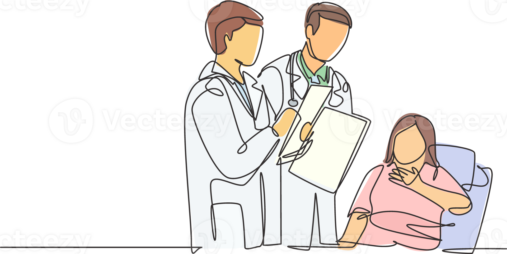 One single line drawing of young male doctor showing positive health progress report to old lady patient who laying at bed. Medical treatment concept continuous line draw design illustration png