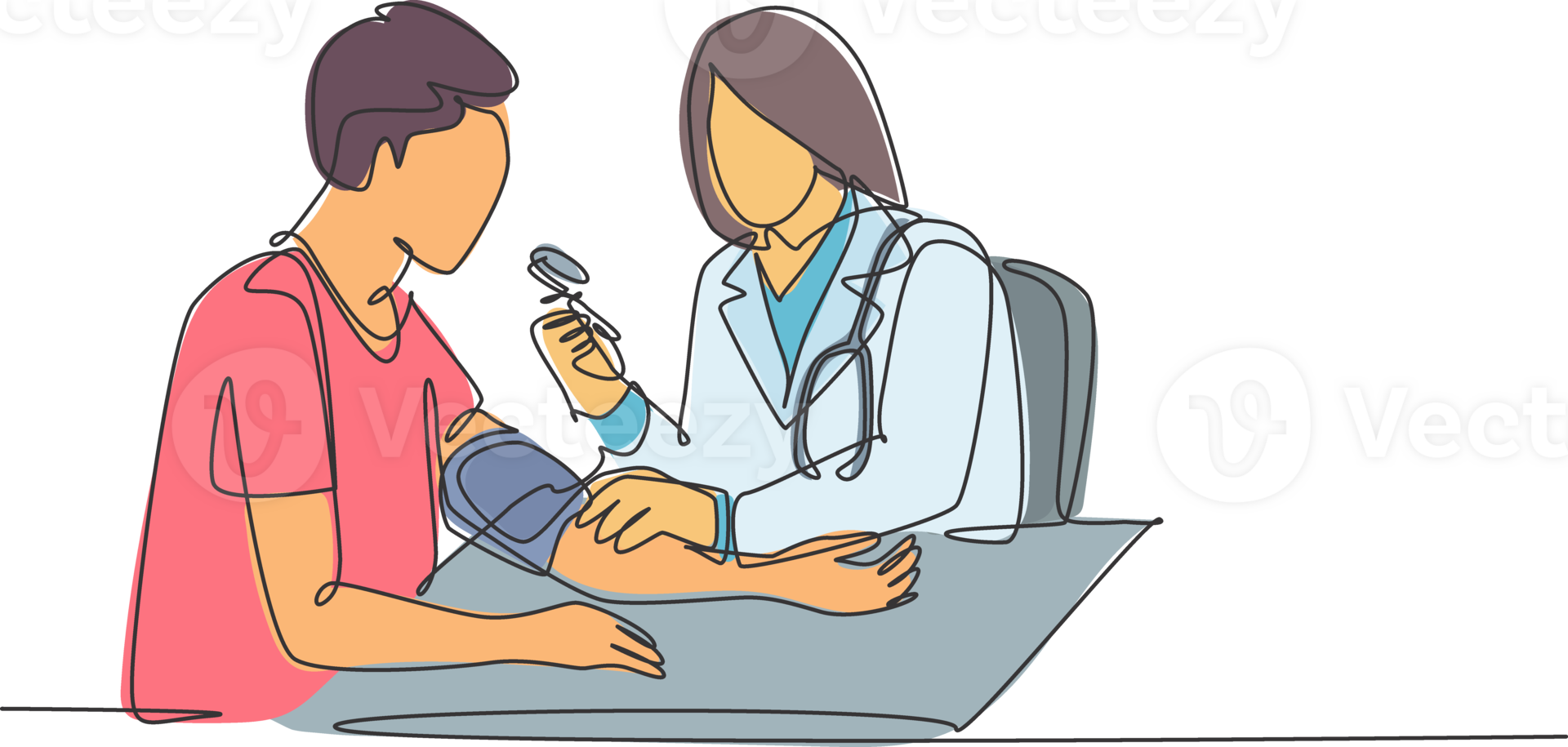One continuous single line drawing of young female doctor check the patient's blood pressure and pulse rate at hospital. Medical checkup healthcare concept single line draw design illustration png
