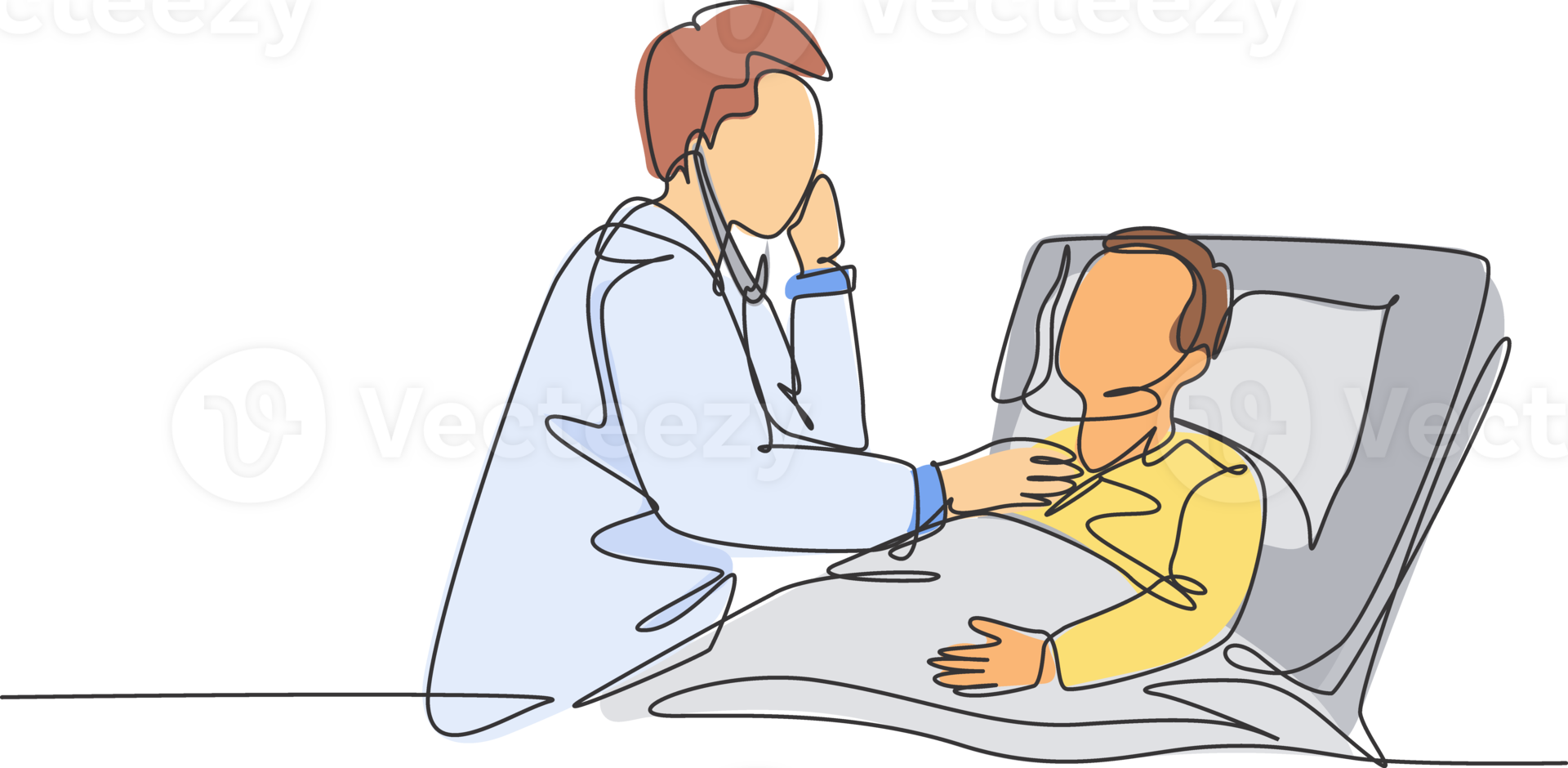 One single line drawing of young male doctor examining patient health condition and checking his pulse rate. Medical health care treatment concept continuous line draw design illustration png