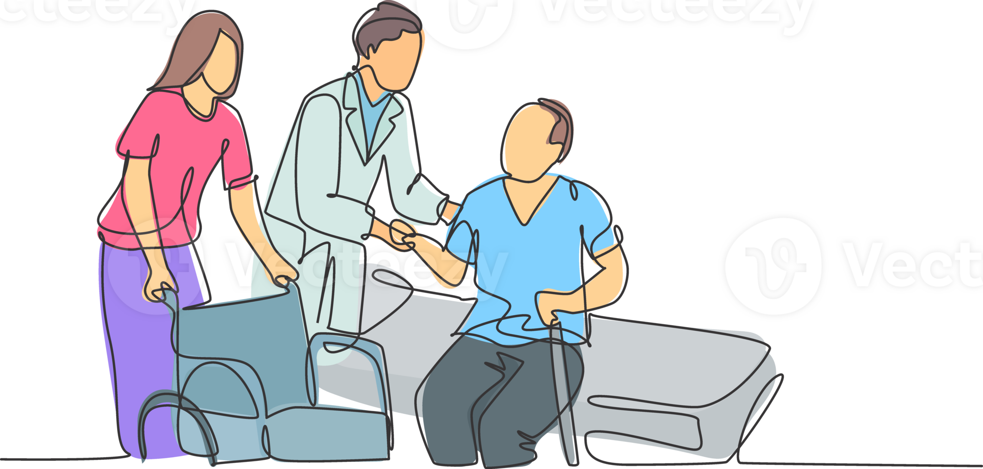 One single line drawing of young male doctor helping old patient get to wheelchair from hospital bed. Trendy medical health care service concept continuous line draw design graphic illustration png