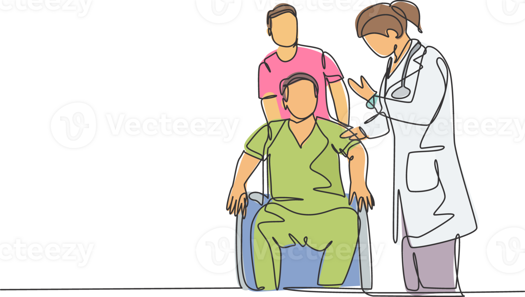 One continuous single line drawing of young female doctor giving consultation session to the patient on wheelchair. Medical health care treatment concept single line draw design illustration png