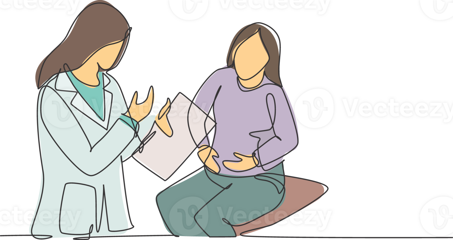Single continuous single line drawing of young female doctor examining patient who complain about condition of her stomach at hospital. Medical checkup concept one line draw design illustration png
