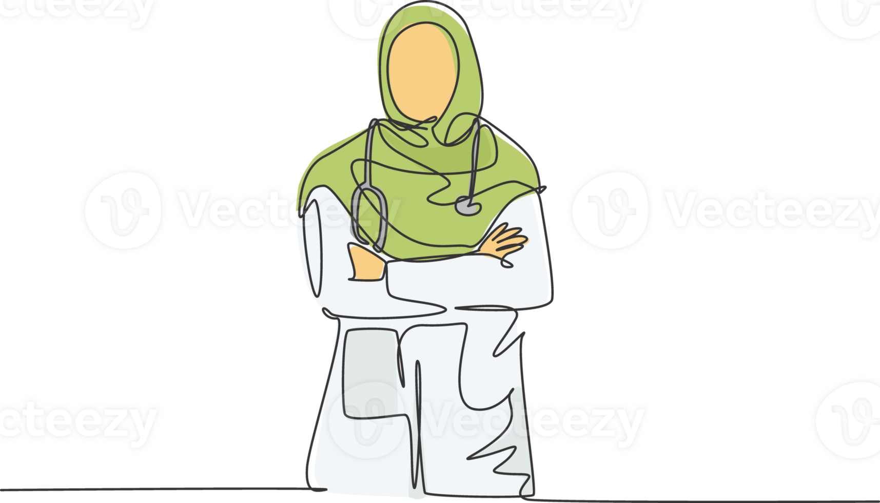 One single line drawing of young muslimah Arabian doctor pose standing and put the hand cross in front of her chest. Medical health care service concept continuous line draw design illustration png