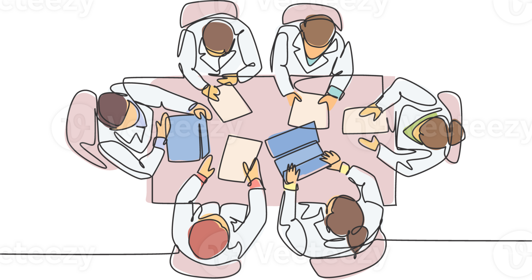 Single continuous single line drawing team of doctors held a conference at meeting room to discuss the hospital work programs, top view. Medical care concept one line draw design illustration png