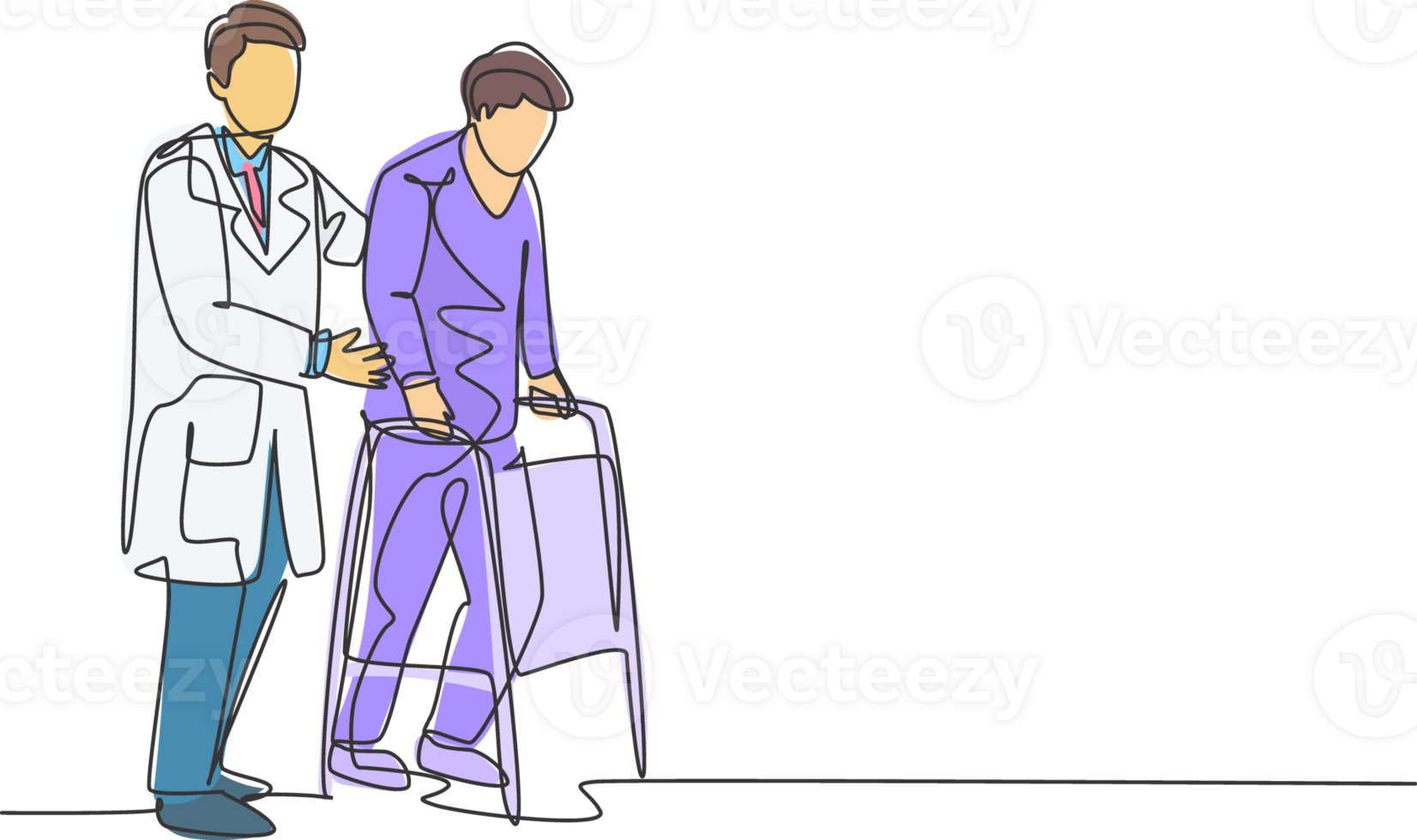Single continuous single line drawing of young male doctor give help to the patient to walk therapy using crutch at hospital. Medical treatment service concept one line draw design illustration png