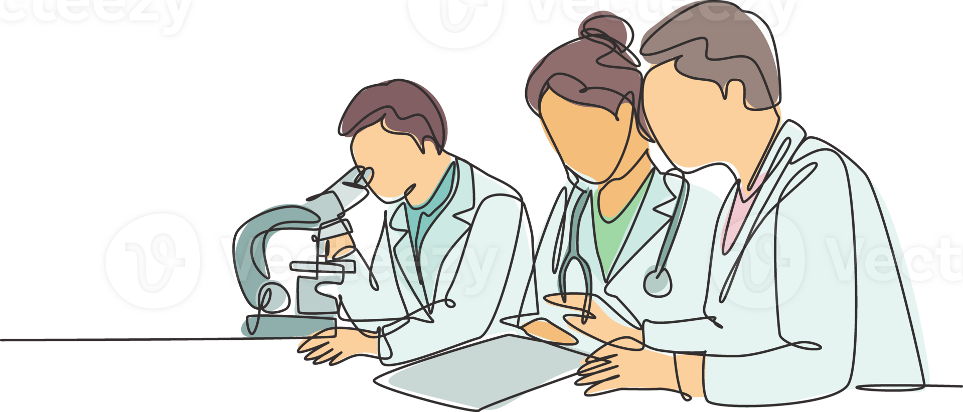 un continu ligne dessin de médecin analyser infecté patient du sang échantillon en utilisant laboratoire microscope à trouver convoitise vaccin. coronavirus médical recherche. Célibataire ligne dessiner conception illustration png