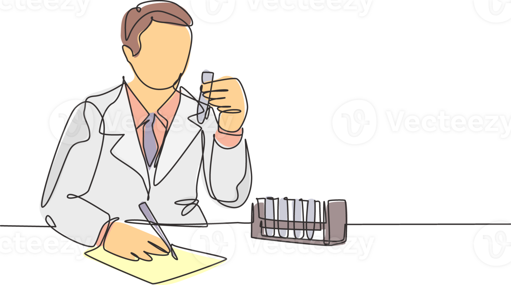 Single continuous line drawing of young male laboratorian writing drug antibiotic formula at laboratory to find covid 19 vaccine. Coronavirus medical research concept one line draw design illustration png