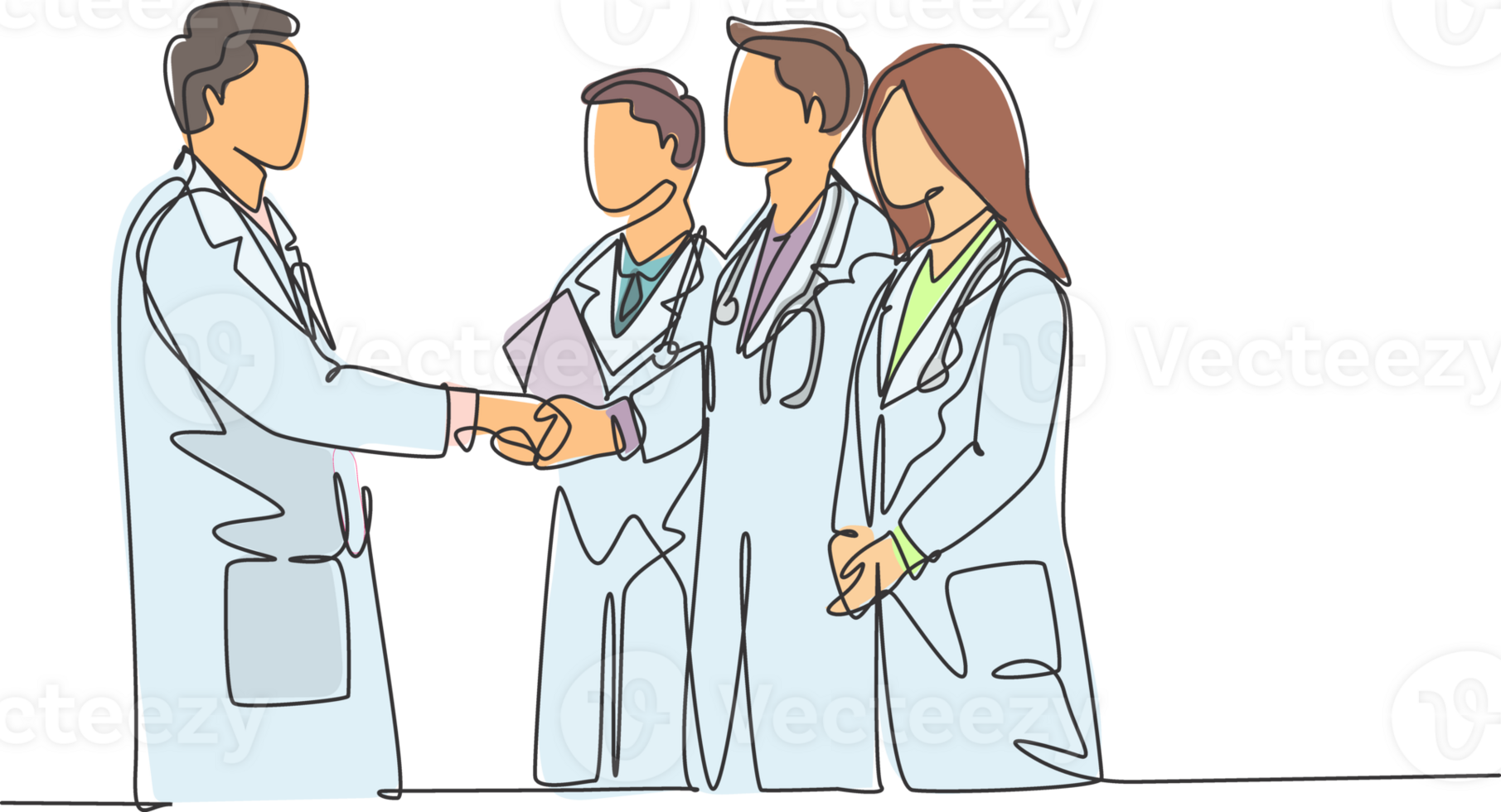 One continuous single line drawing of hospital head giving congratulate handshake to group of doctors for the achievements. Medical award concept single line draw graphic design illustration png