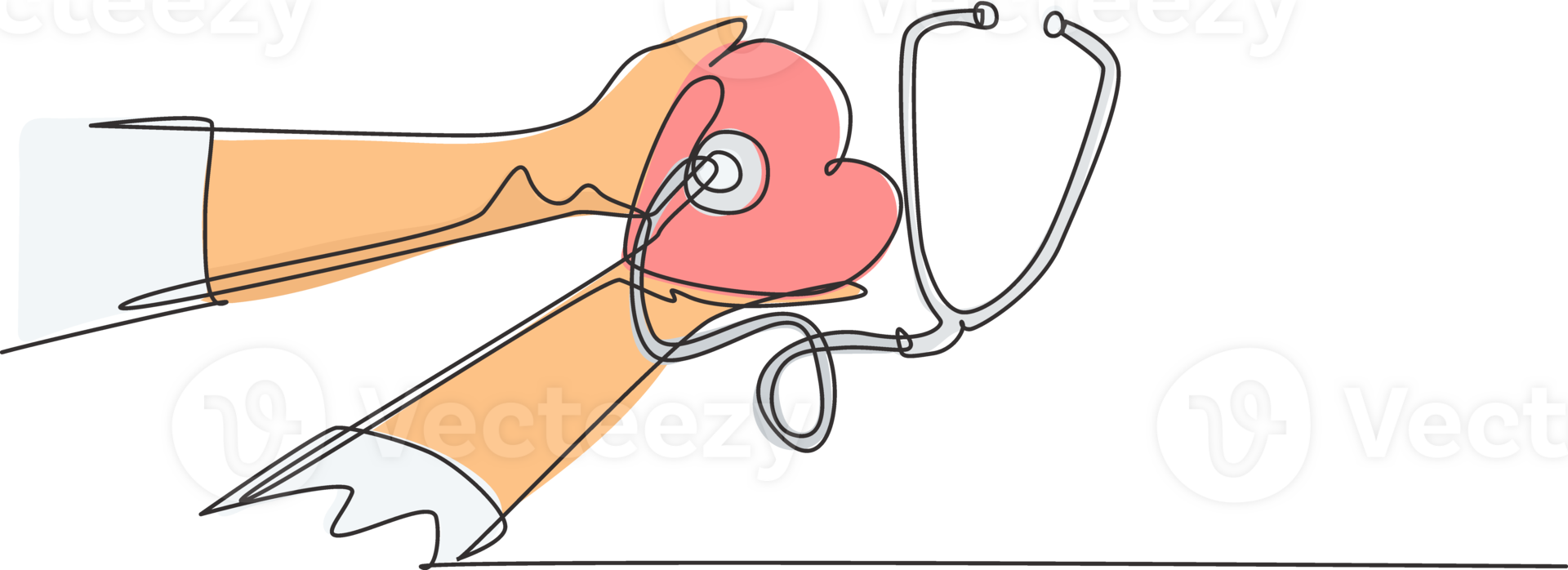 One single line drawing of young doctor holding stethoscope and heart shape decoration as symbol healthy heart beat. Medical health care concept continuous line draw design graphic illustration png