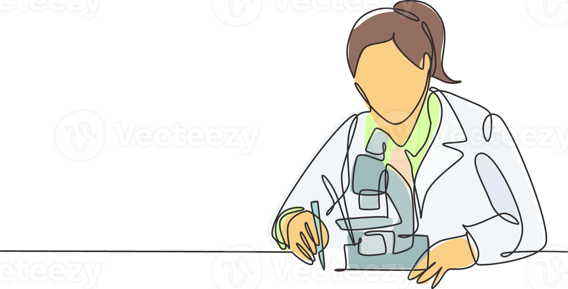 One continuous line drawing of young female scientist examine the virus that causes covid with laboratory microscope. Coronavirus vaccine research concept single line draw design illustration png