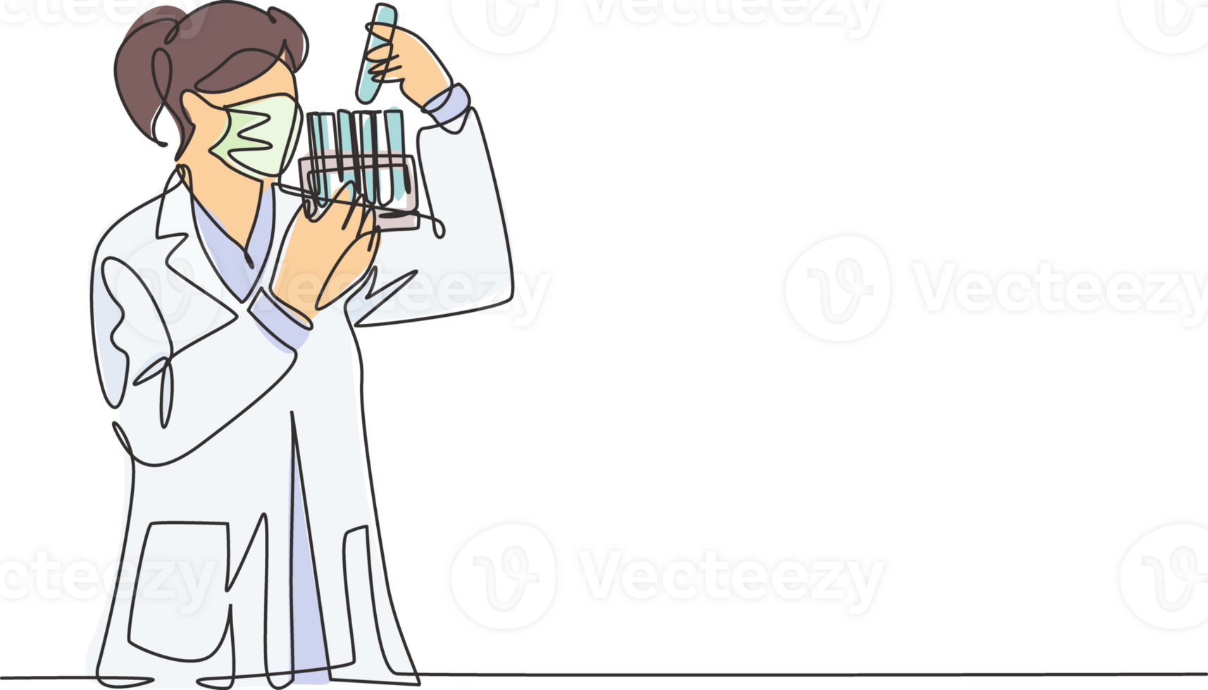 One continuous line drawing of young female laboratorian analyze formula on glass tube to find covid19 vaccine at laboratory. Coronavirus medical research concept single line draw design illustration png