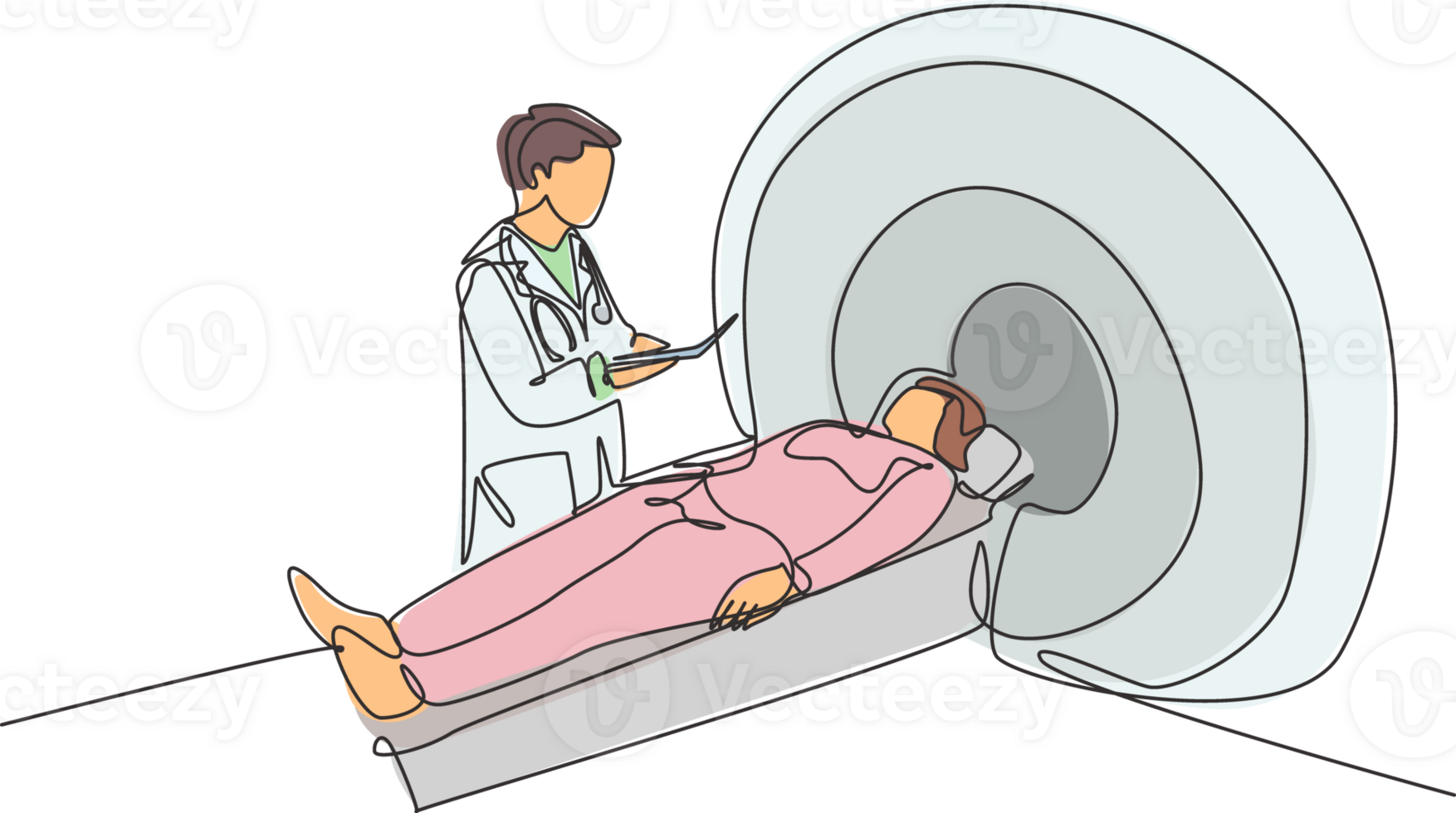 Célibataire continu ligne dessin de Jeune Masculin médecin faire mri procédure à le patient qui souffert accident vasculaire cérébral cerveau dommage. médical traitement un service concept un ligne dessiner conception illustration png