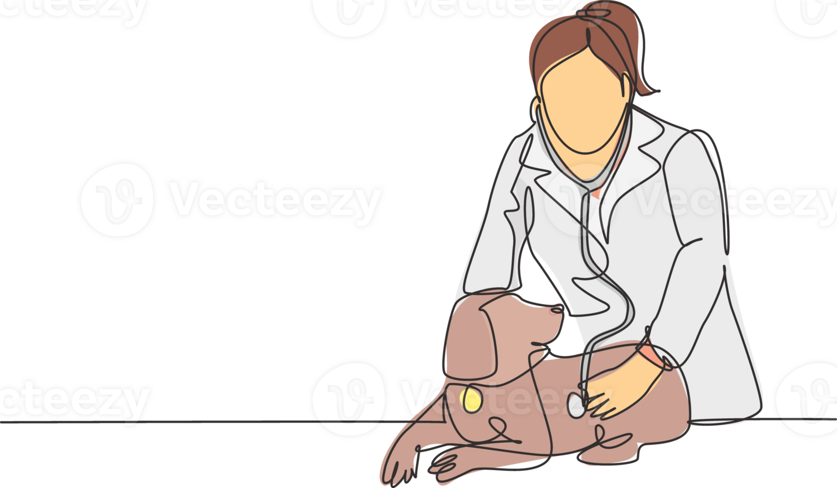 uno soltero línea dibujo de joven contento hembra veterinario examinando y tomar cuidado de un enfermo perro porque de un virus. mascota salud cuidado Servicio concepto continuo línea dibujar diseño ilustración png