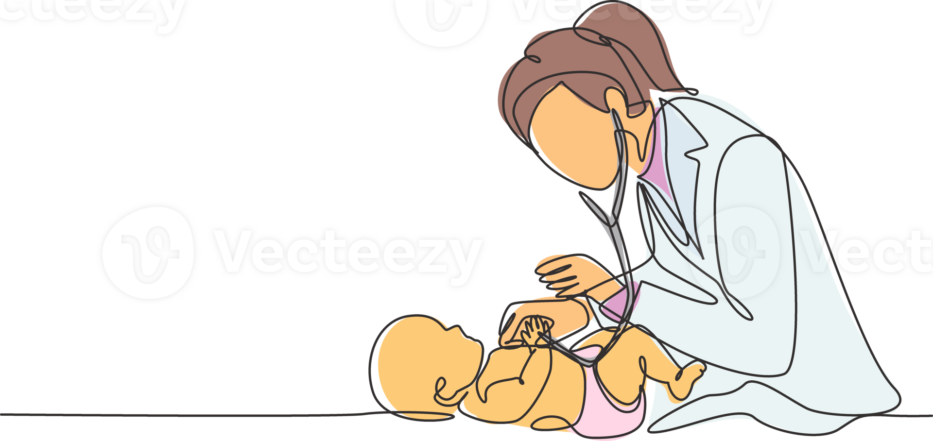 One single line drawing of young female pediatric doctor examining baby health condition and check the heart beat. Medical health care service concept continuous line draw design illustration png