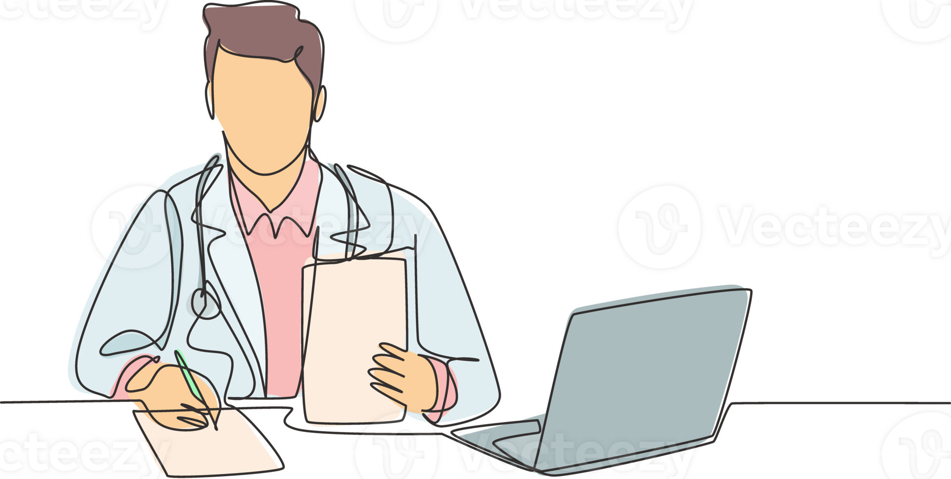 One single line drawing of young happy male doctor writing medical prescription to the sick patient at hospital desk. Medical healthcare service concept continuous line draw design illustration png