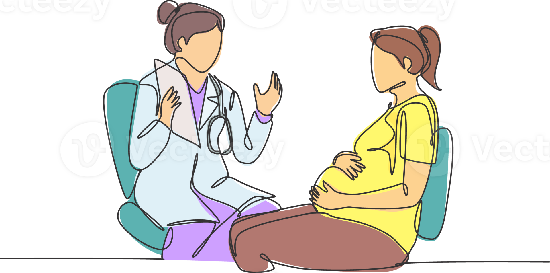 One single line drawing of female obstetrics and gynecology doctor giving consultation session to the pregnant patient. Pregnancy health care concept continuous line draw design illustration png