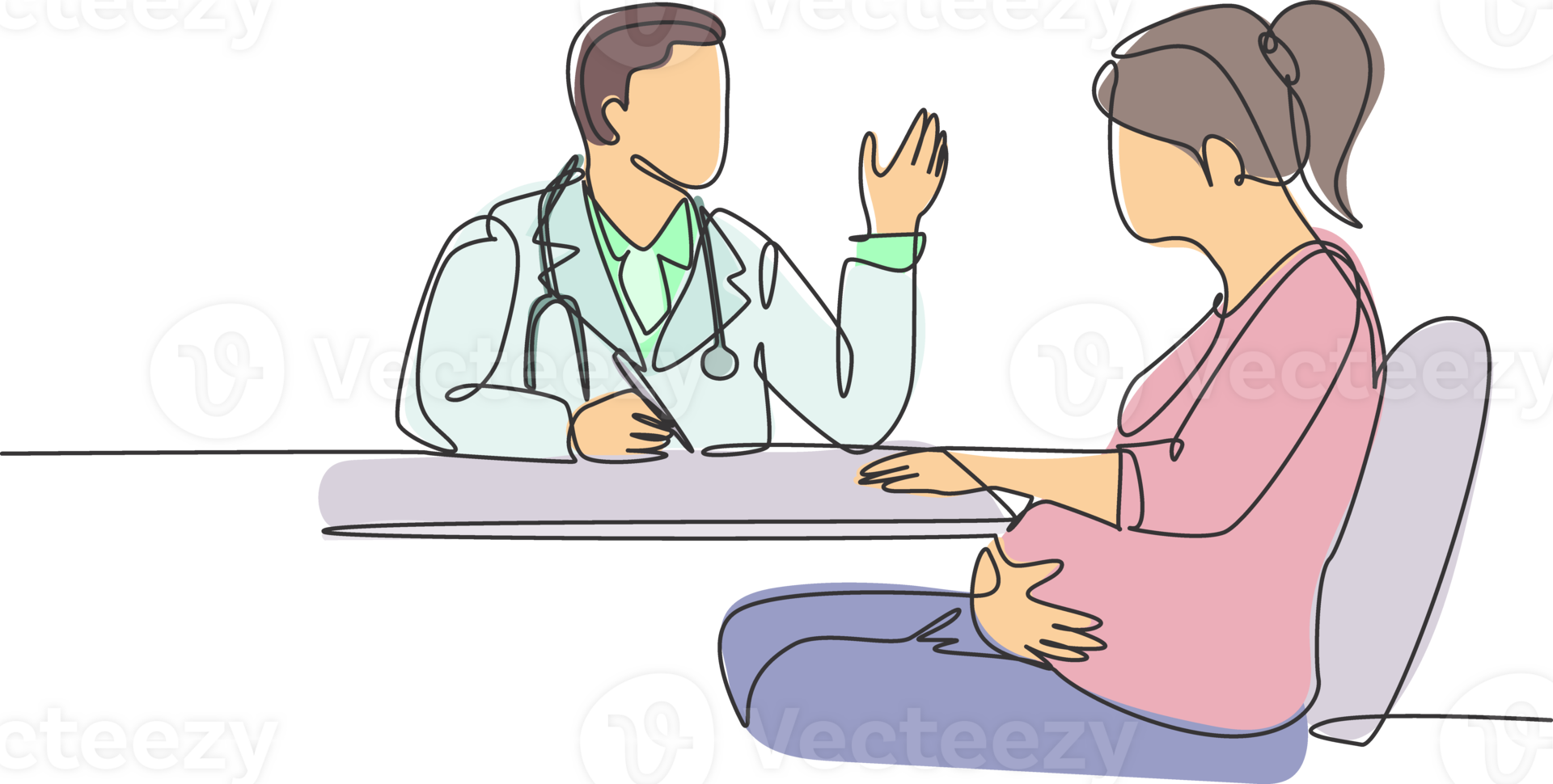 One single line drawing of male obstetrics and gynecology doctor talk to patient giving suggestion and advice. Pregnancy health care treatment concept continuous line draw design illustration png