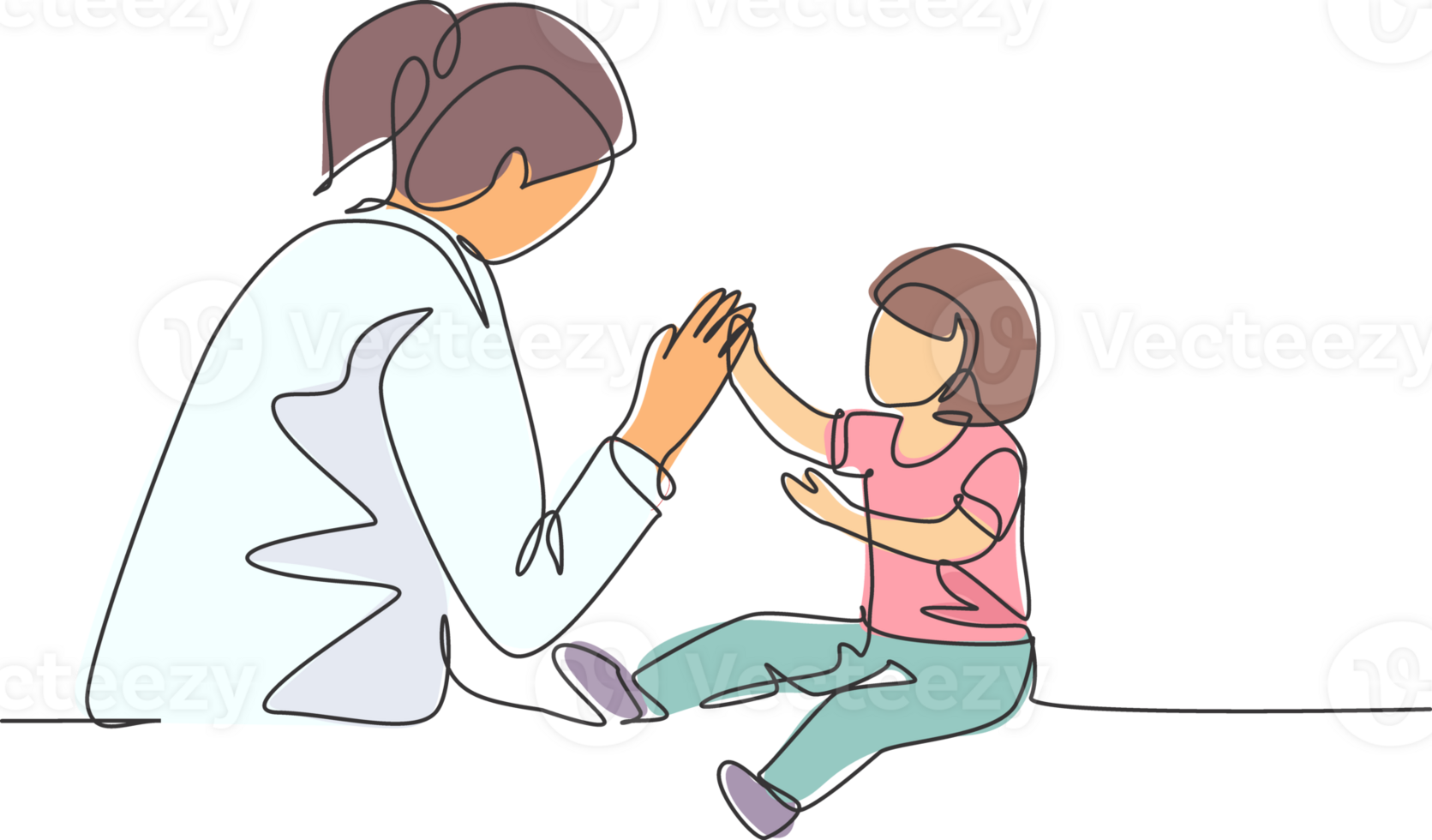 single doorlopend lijn tekening van jong vrouw pediatrisch dokter uitgenodigd schattig baby kleuter geduldig naar Speel en volgen haar instructie. medisch behandeling concept een lijn trek ontwerp illustratie png