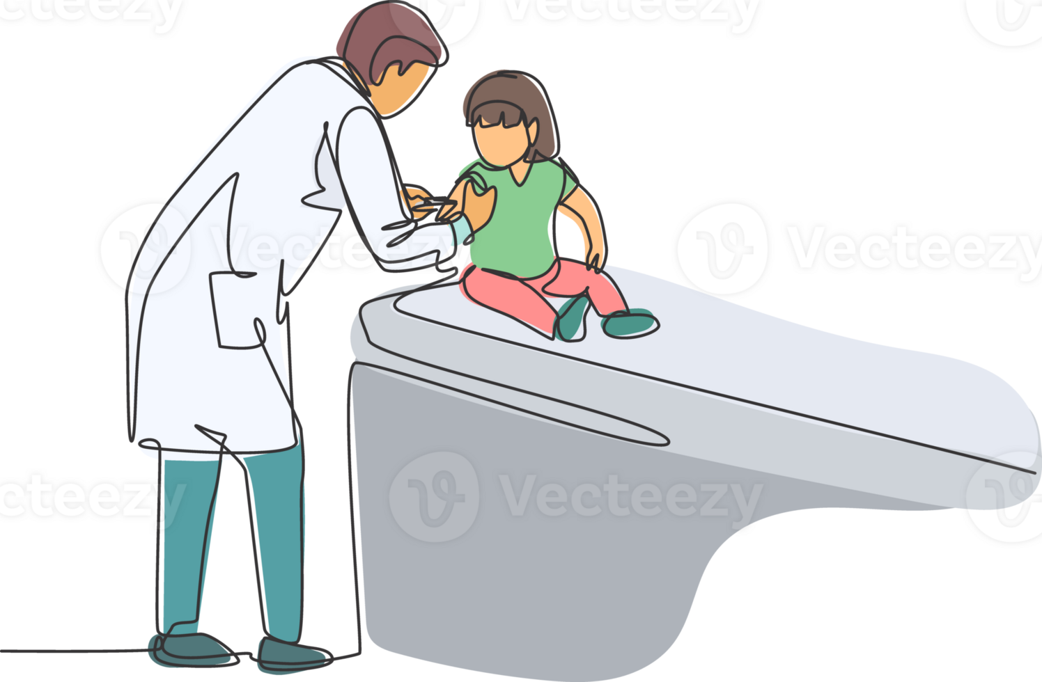 solteiro contínuo linha desenhando do jovem masculino pediatra médico dando injeção para criança pequena menina paciente às hospital. médico saúde Cuidado tratamento conceito 1 linha desenhar Projeto ilustração png