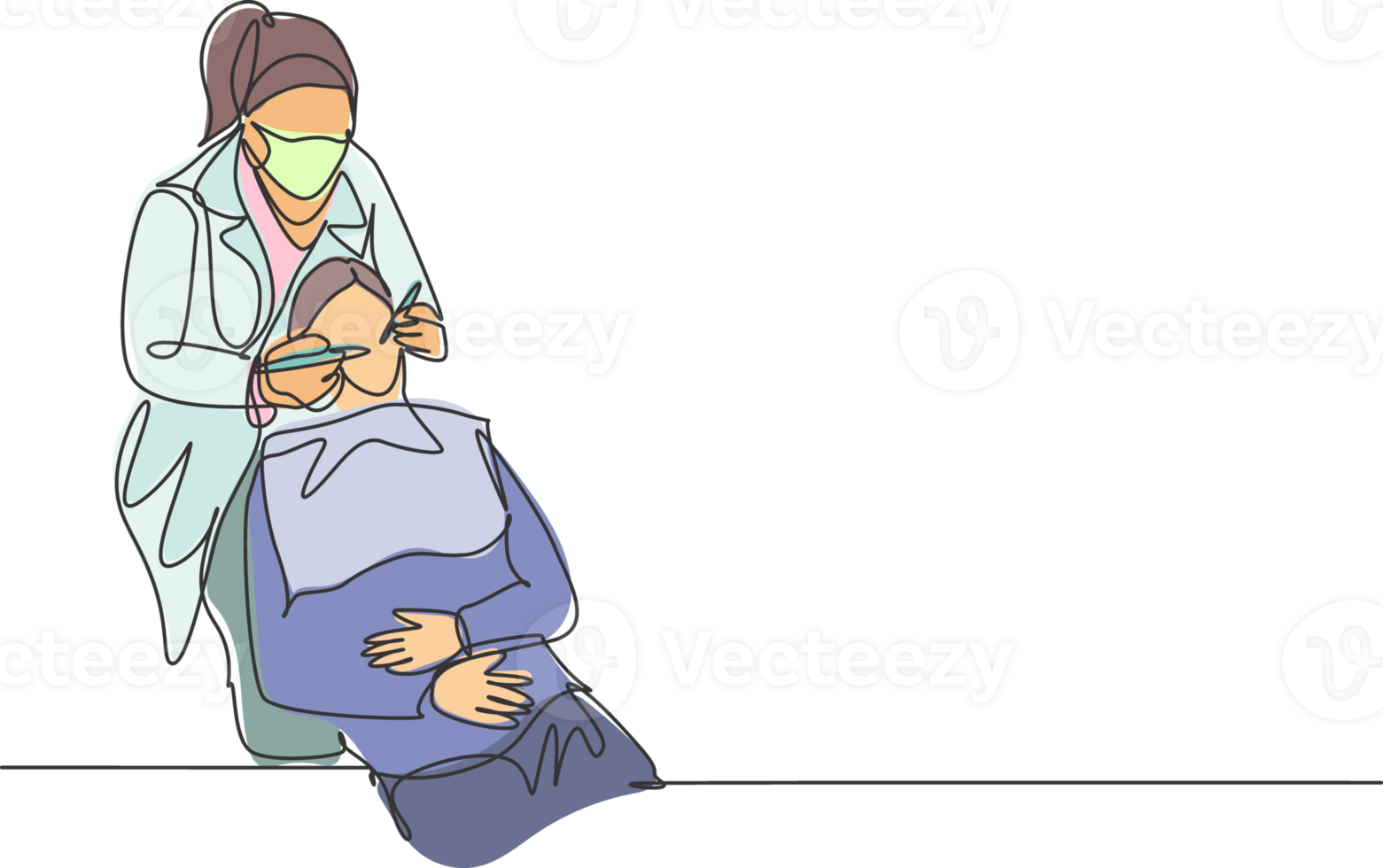 einer Single Linie Zeichnung von jung weiblich Zahnarzt Prüfung geduldig Zähne und tun Zahn Füllung beim Dental Klinik. Mund Gesundheit Pflege Behandlung Konzept kontinuierlich Linie zeichnen Design Illustration png