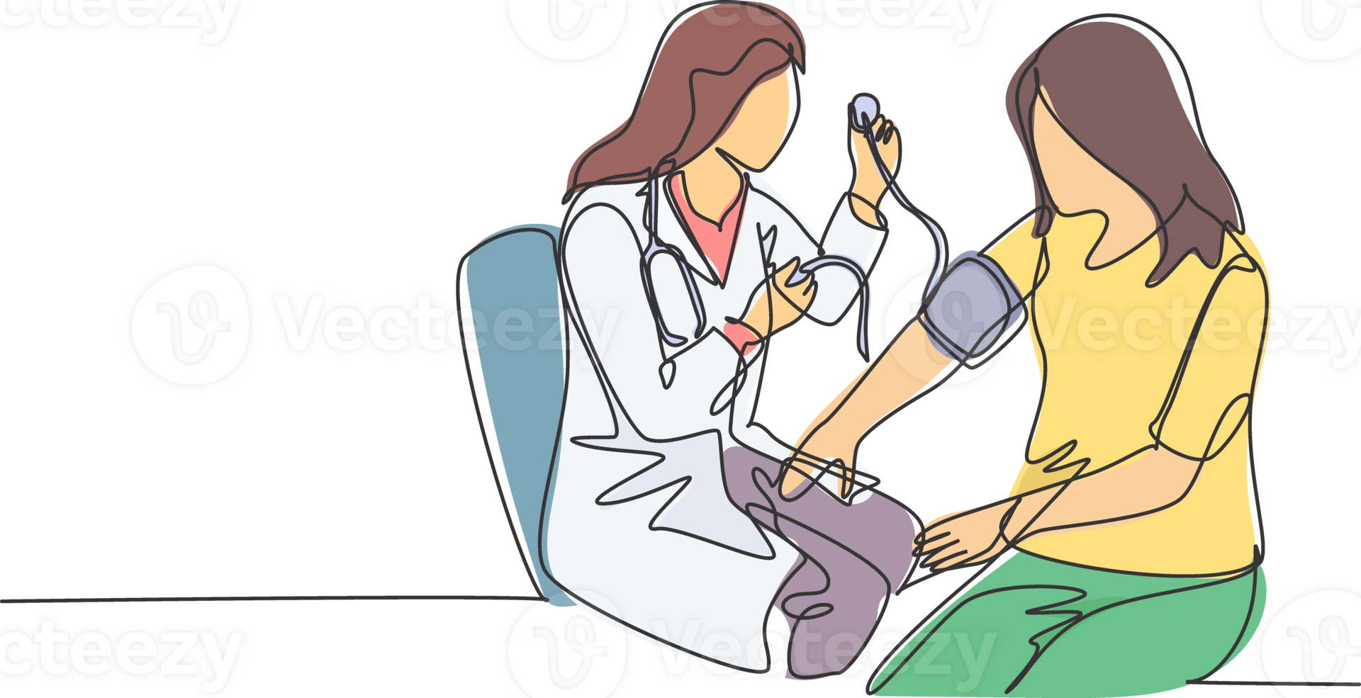 One continuous line drawing of young female doctor checking patient