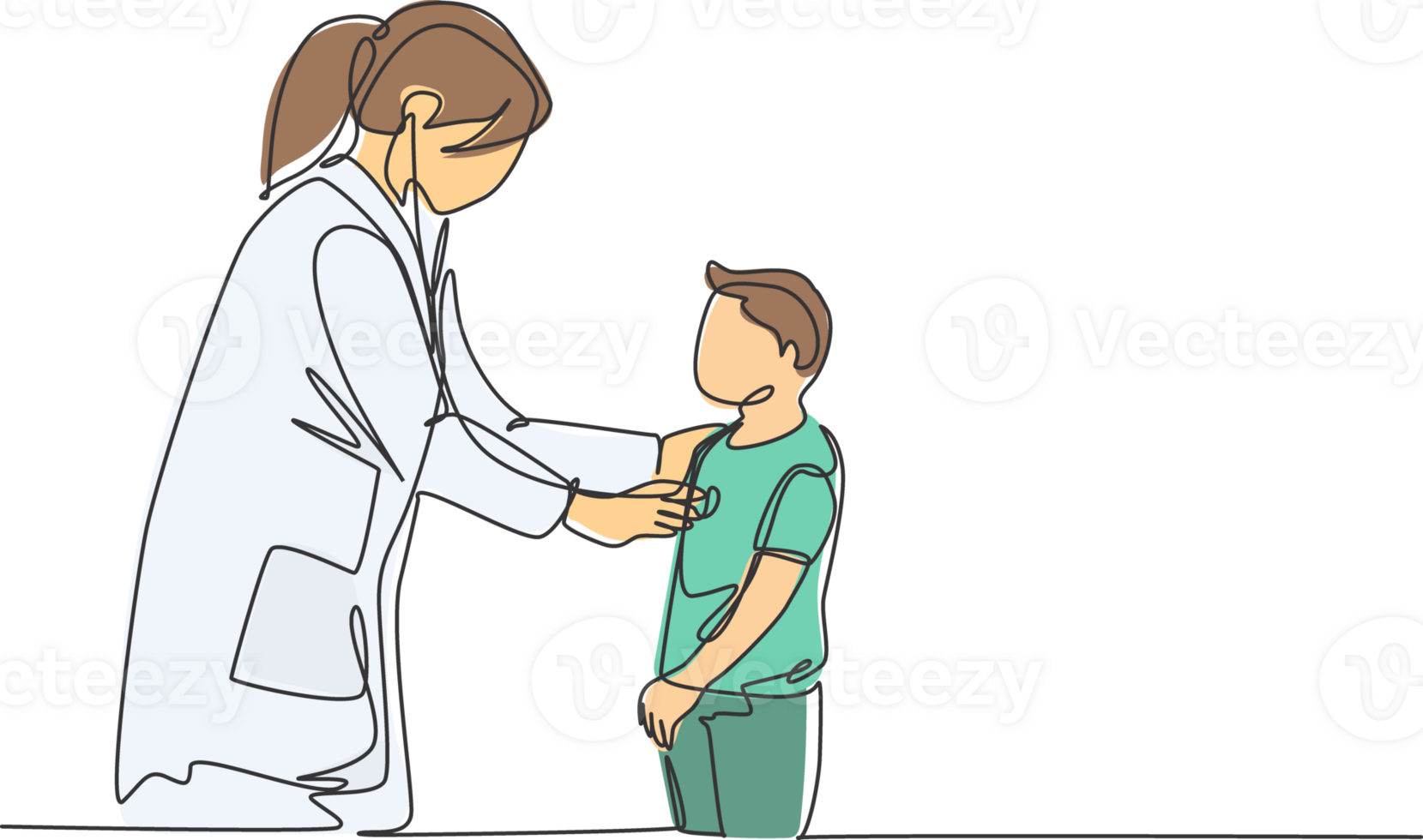 One single line drawing of female pediatric doctor examining heart beat young boy patient with stethoscope. Trendy medical health care treatment concept continuous line draw design illustration png