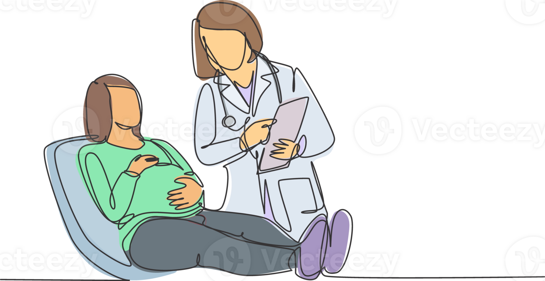 One single line drawing of female obstetrics and gynecology doctor talking to patient and explain the womb condition. Pregnant health care concept continuous line draw design illustration png