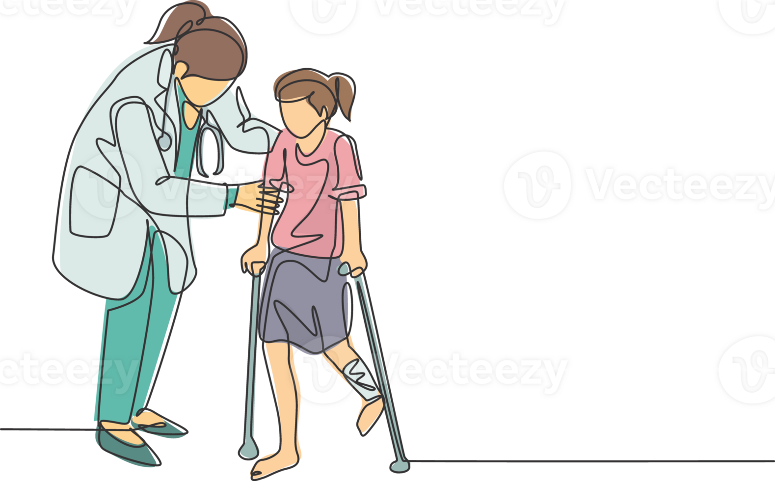 One continuous line drawing of female pediatric doctor doing therapy by helping young girl patient to get walk using crutch. Medical health care concept single line draw design illustration png