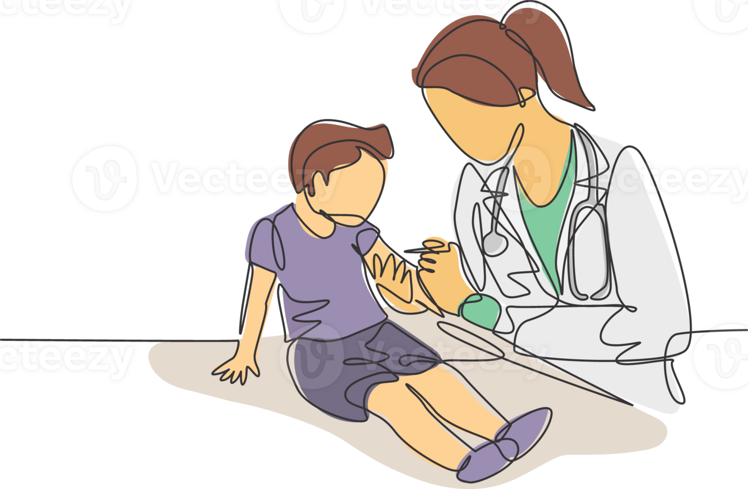 Célibataire continu ligne dessin de femelle pédiatrique médecin donnant vaccin immunisation injection à Jeune garçon patient. médical santé se soucier traitement concept un ligne dessiner conception illustration png