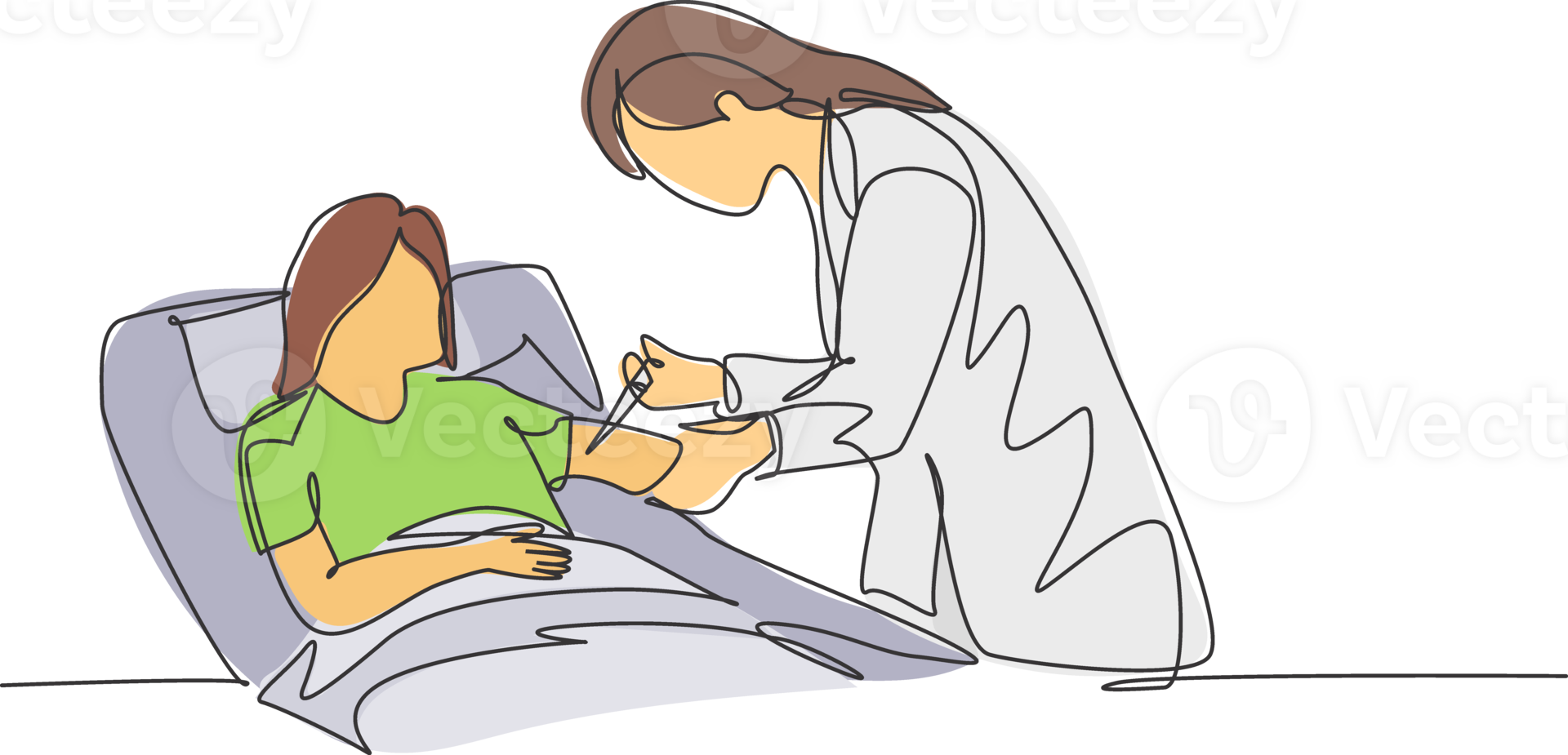 One continuous line drawing of young female doctor giving antibiotic injection to the patient who laying weakly in the bed. Medical health care concept single line draw design illustration png